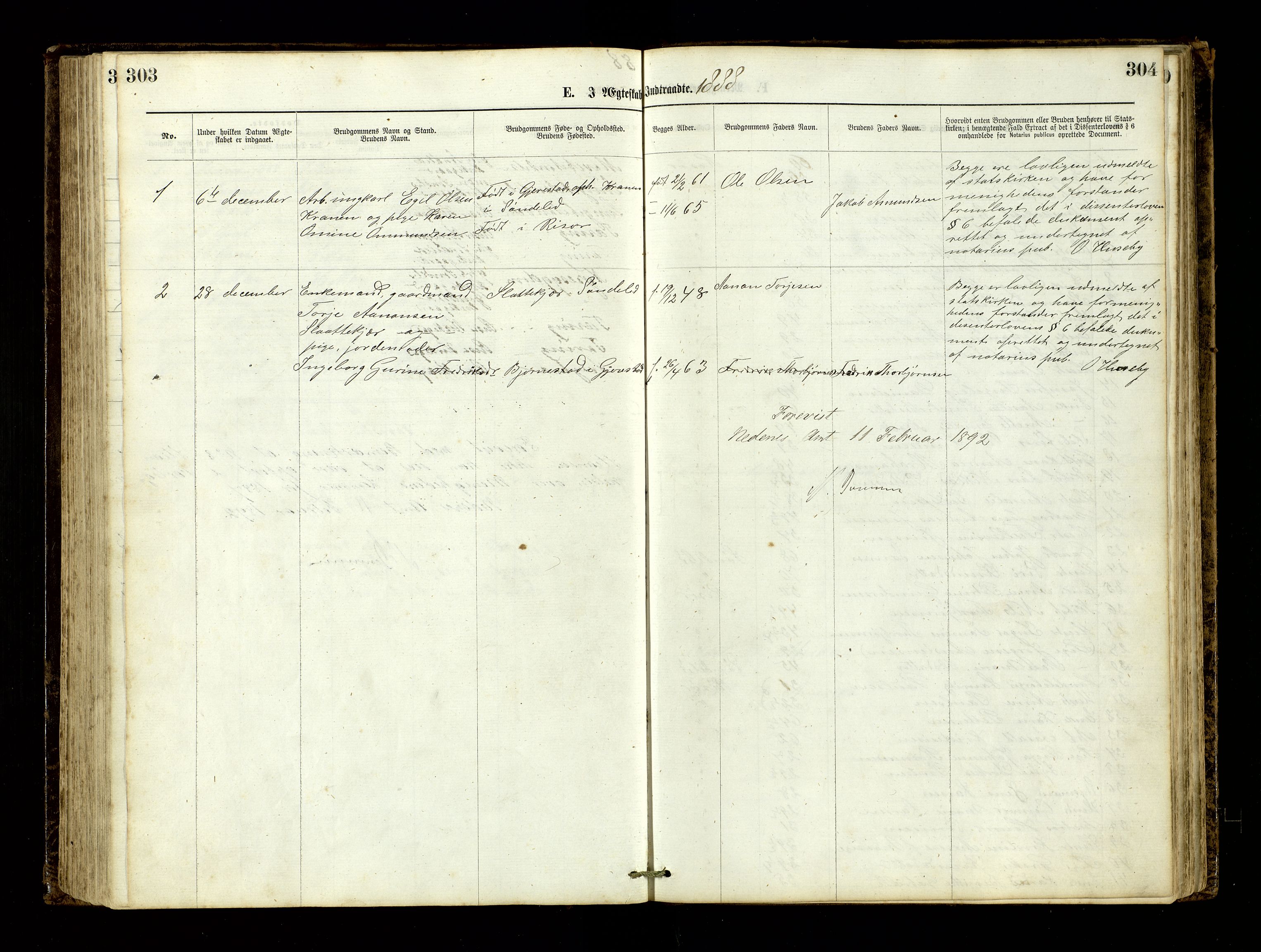 Den evangelisk-lutherske frimenighet, Risør, AV/SAK-1292-0007/F/Fa/L0001: Dissenter register no. F 17, 1877-1892, p. 303-304