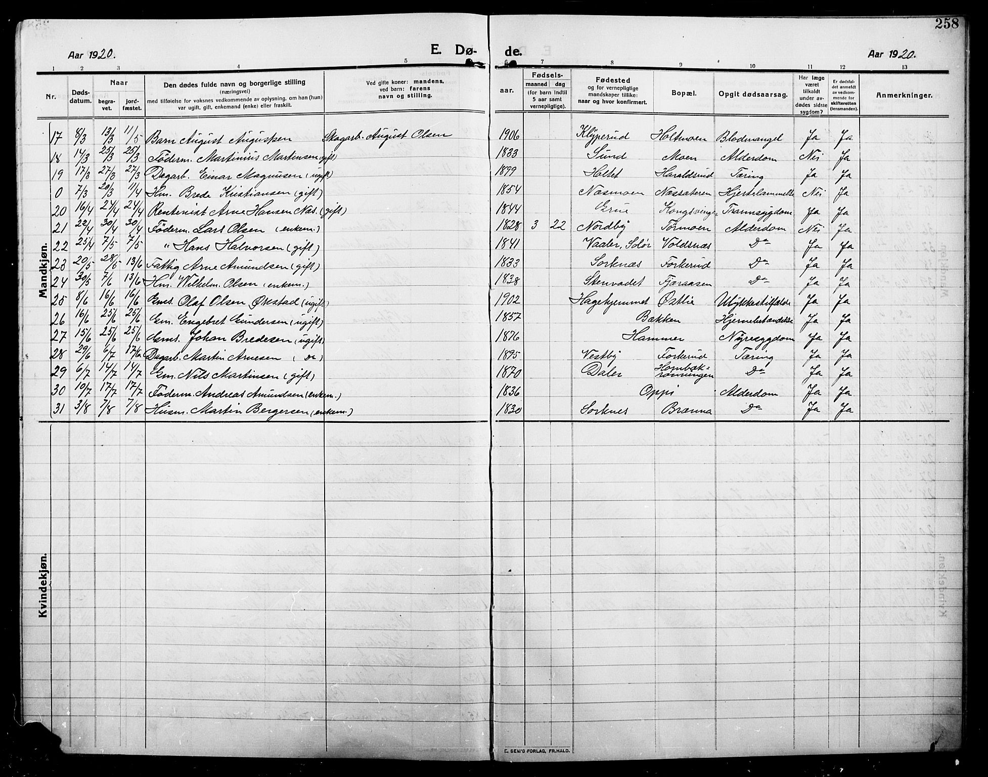 Grue prestekontor, AV/SAH-PREST-036/H/Ha/Hab/L0007: Parish register (copy) no. 7, 1910-1920, p. 258