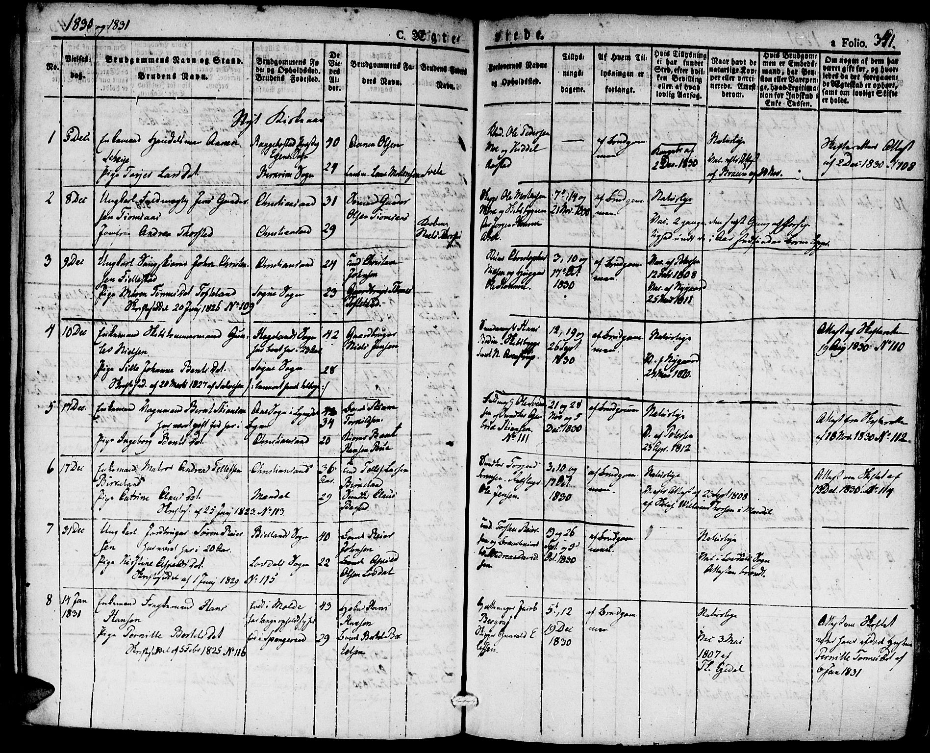 Kristiansand domprosti, SAK/1112-0006/F/Fa/L0011: Parish register (official) no. A 11, 1827-1841, p. 341