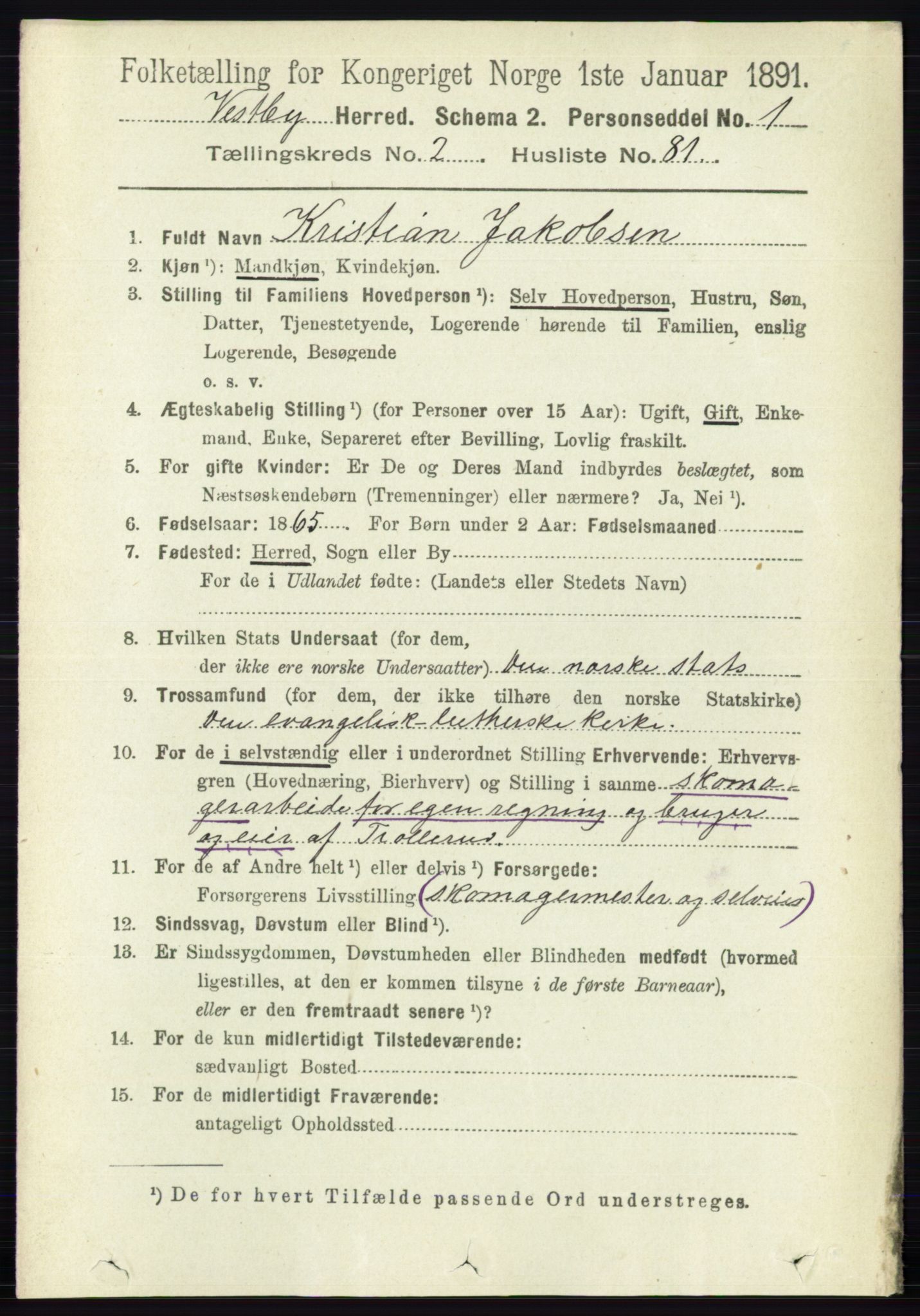 RA, 1891 census for 0211 Vestby, 1891, p. 945