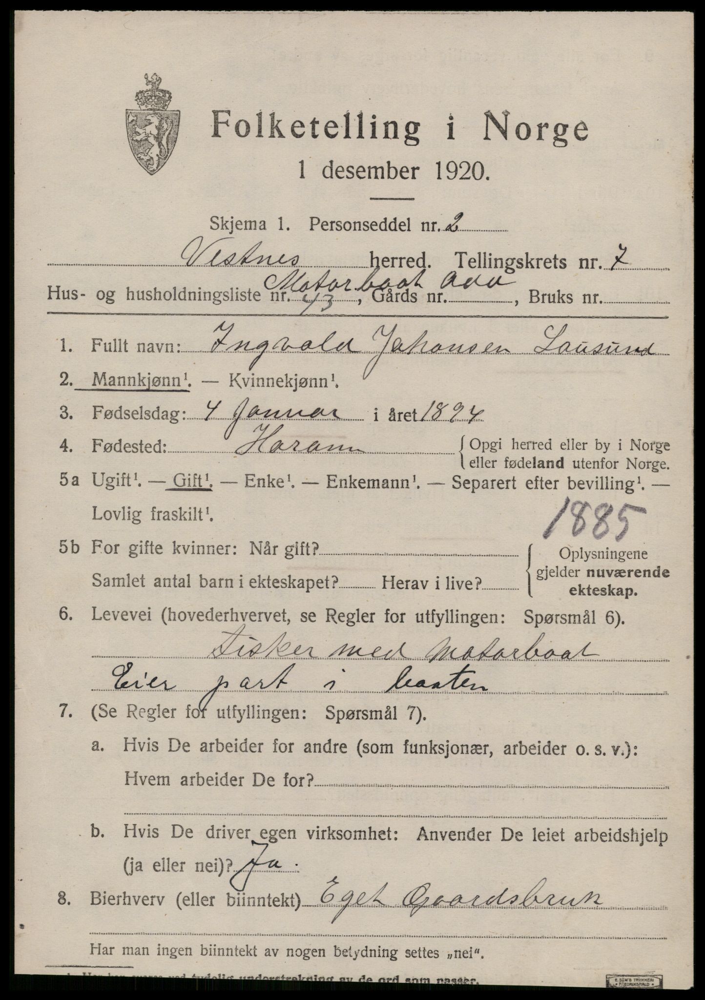 SAT, 1920 census for Vestnes, 1920, p. 5579