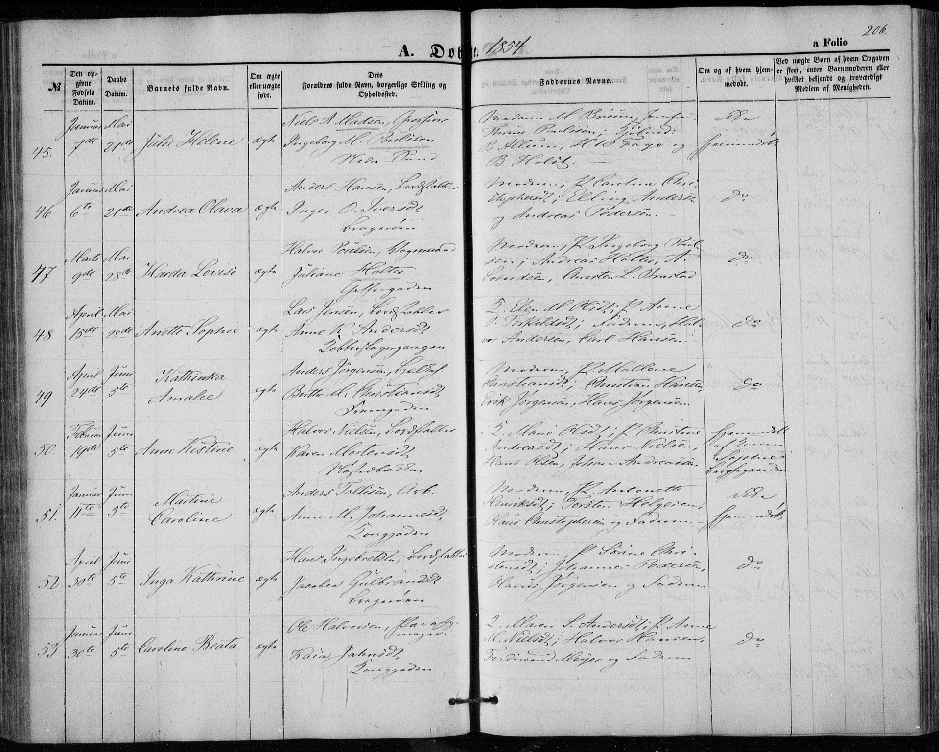 Bragernes kirkebøker, SAKO/A-6/F/Fb/L0002: Parish register (official) no. II 2, 1848-1859, p. 206