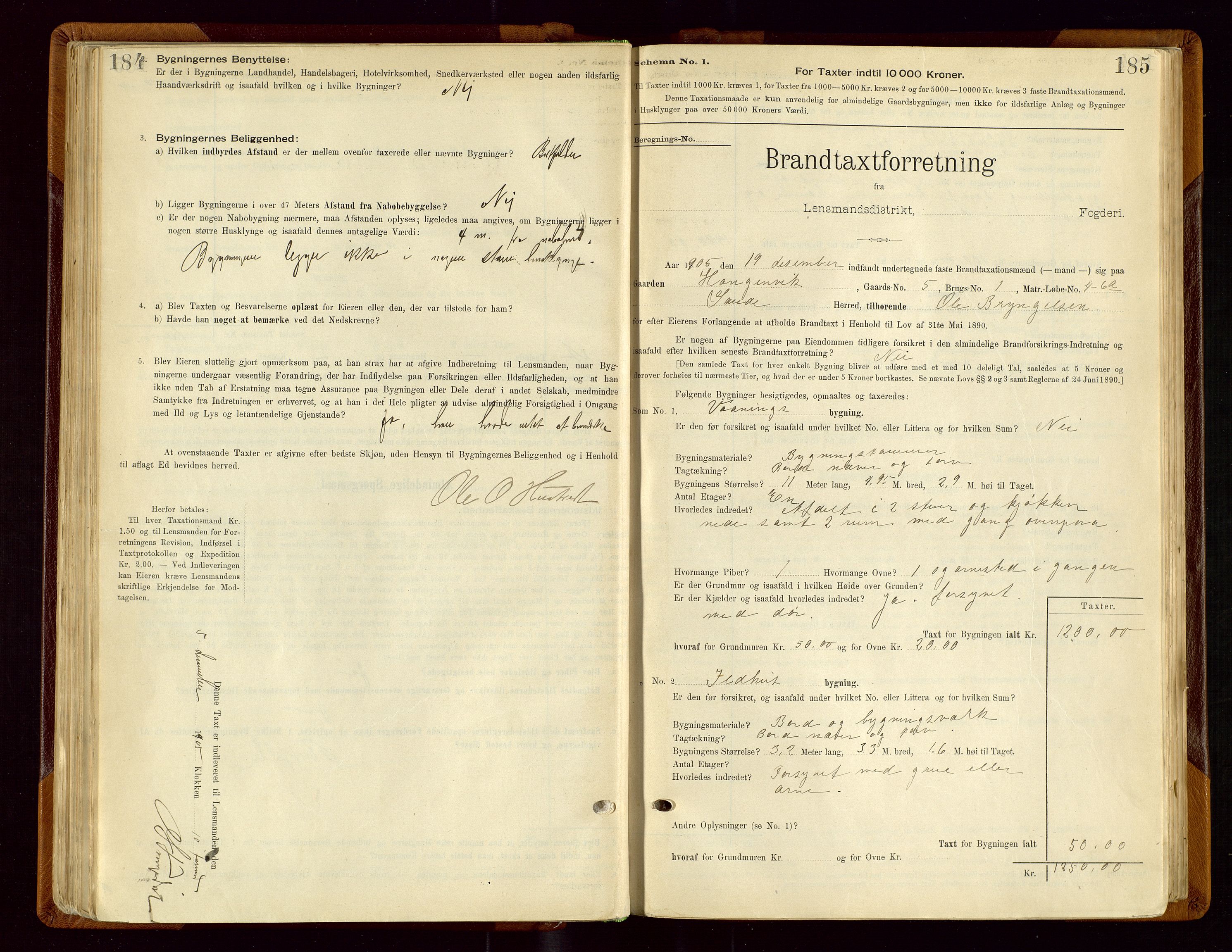 Sauda lensmannskontor, AV/SAST-A-100177/Gob/L0001: Branntakstprotokoll - skjematakst, 1894-1914, p. 184-185