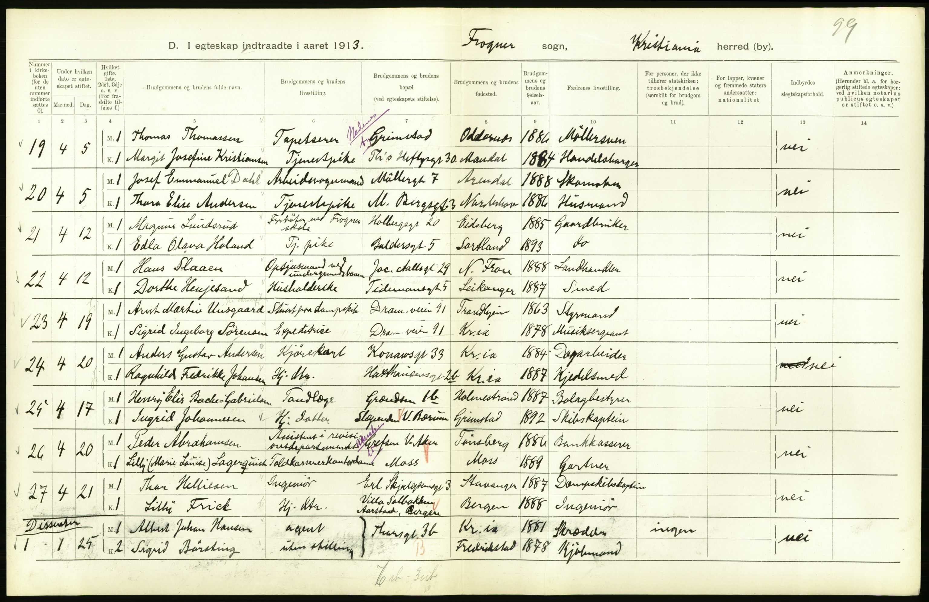 Statistisk sentralbyrå, Sosiodemografiske emner, Befolkning, AV/RA-S-2228/D/Df/Dfb/Dfbc/L0008: Kristiania: Gifte., 1913, p. 570