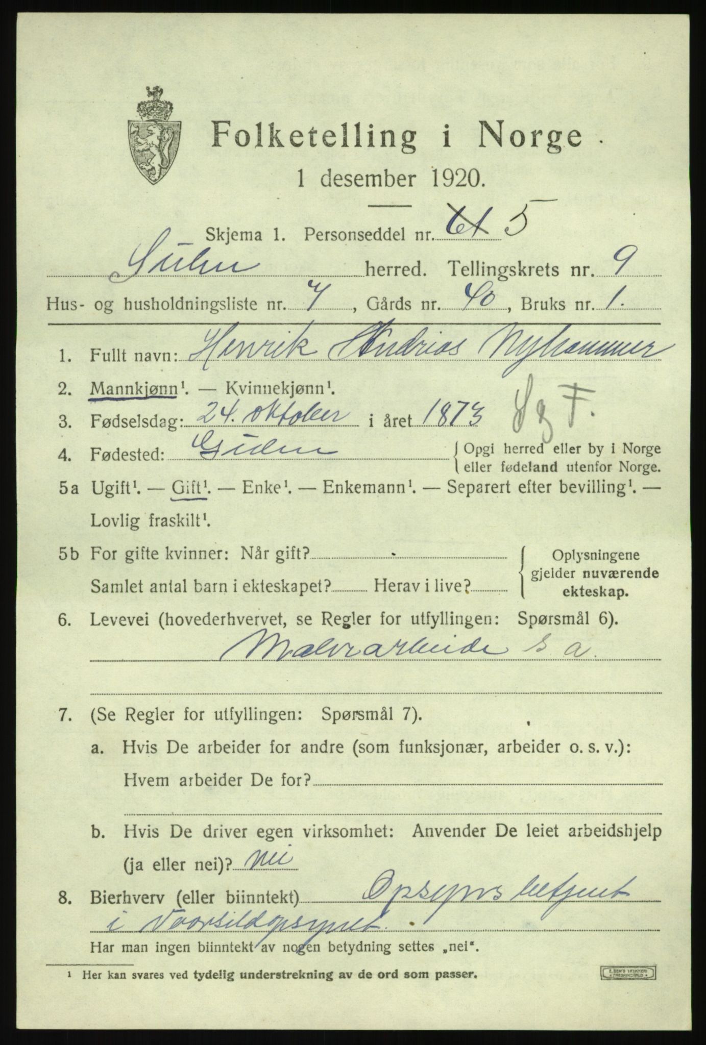 SAB, 1920 census for Solund, 1920, p. 3362