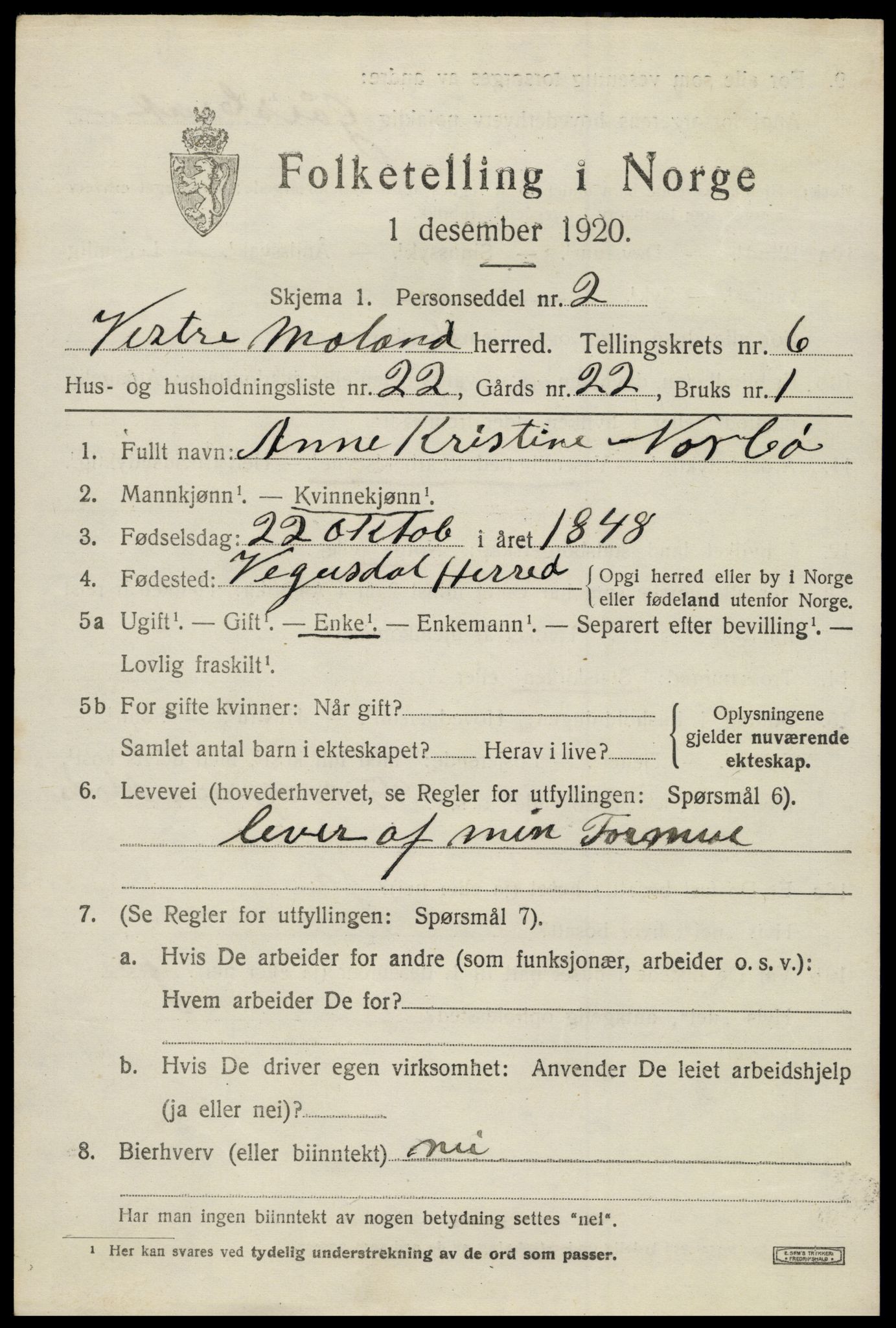 SAK, 1920 census for Vestre Moland, 1920, p. 4759