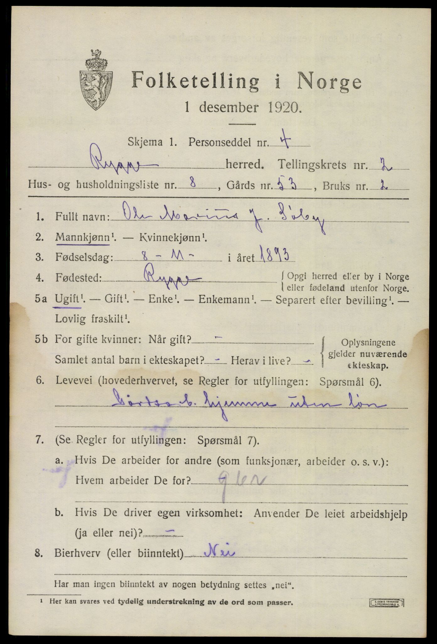 SAO, 1920 census for Rygge, 1920, p. 6201