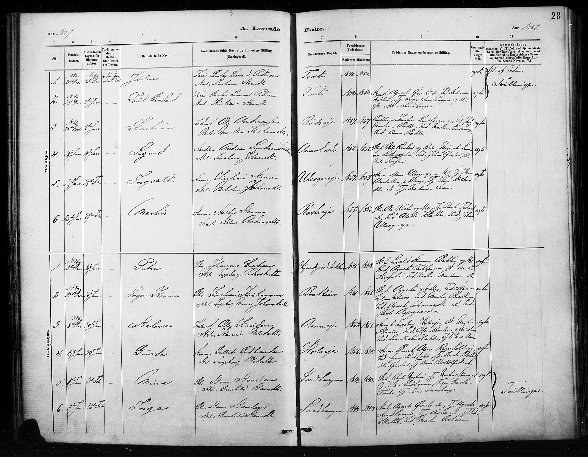 Nordre Land prestekontor, SAH/PREST-124/H/Ha/Haa/L0004: Parish register (official) no. 4, 1882-1896, p. 23