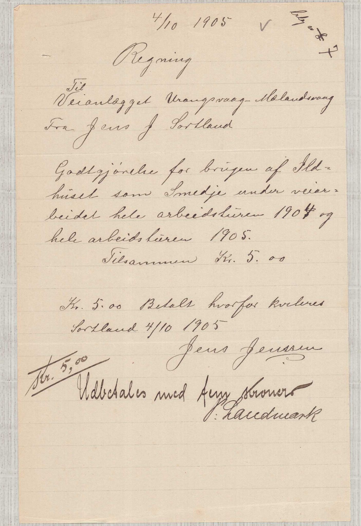 Finnaas kommune. Formannskapet, IKAH/1218a-021/E/Ea/L0002/0004: Rekneskap for veganlegg / Rekneskap for veganlegget Urangsvåg - Mælandsvåg, 1906, p. 23