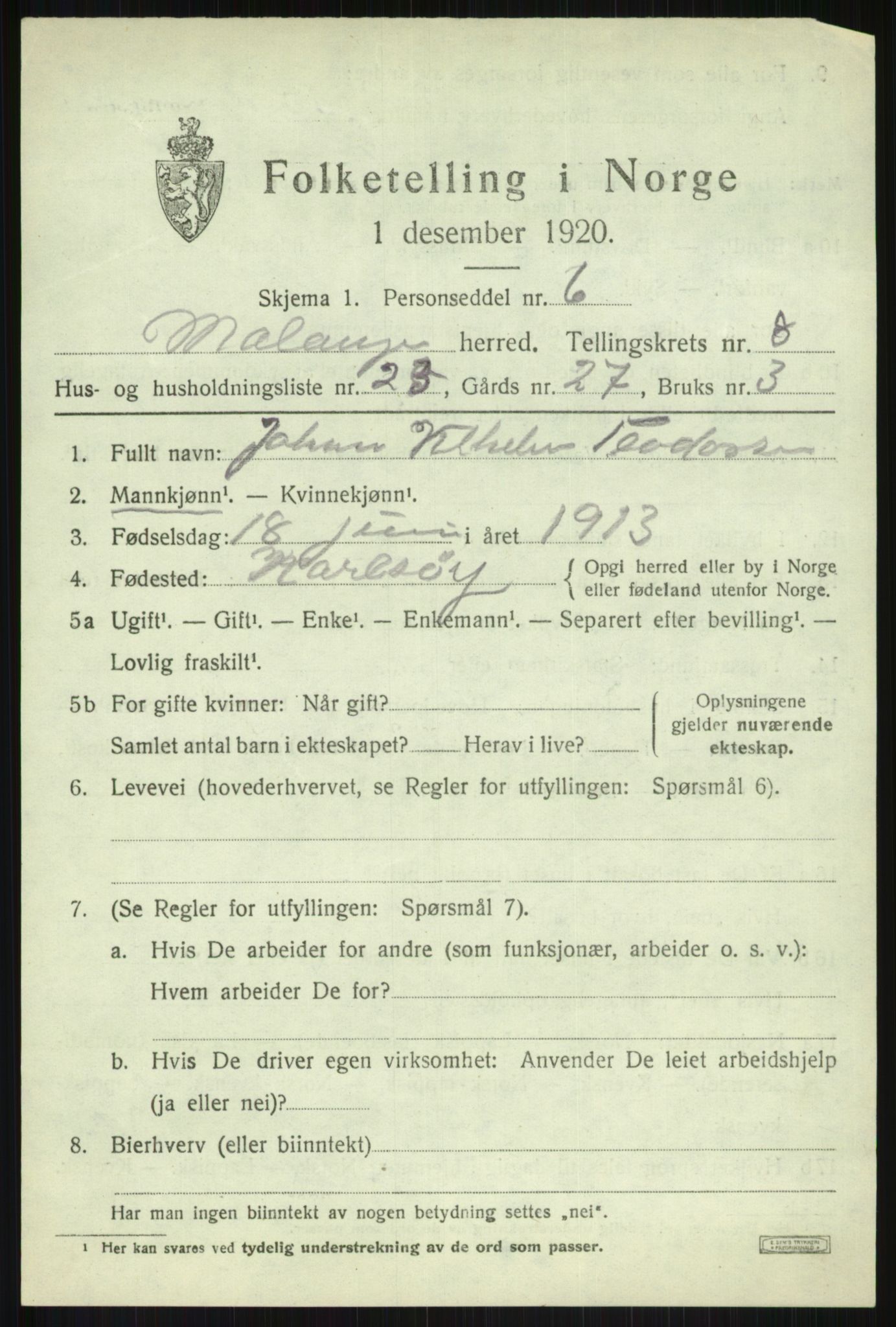 SATØ, 1920 census for Malangen, 1920, p. 3449