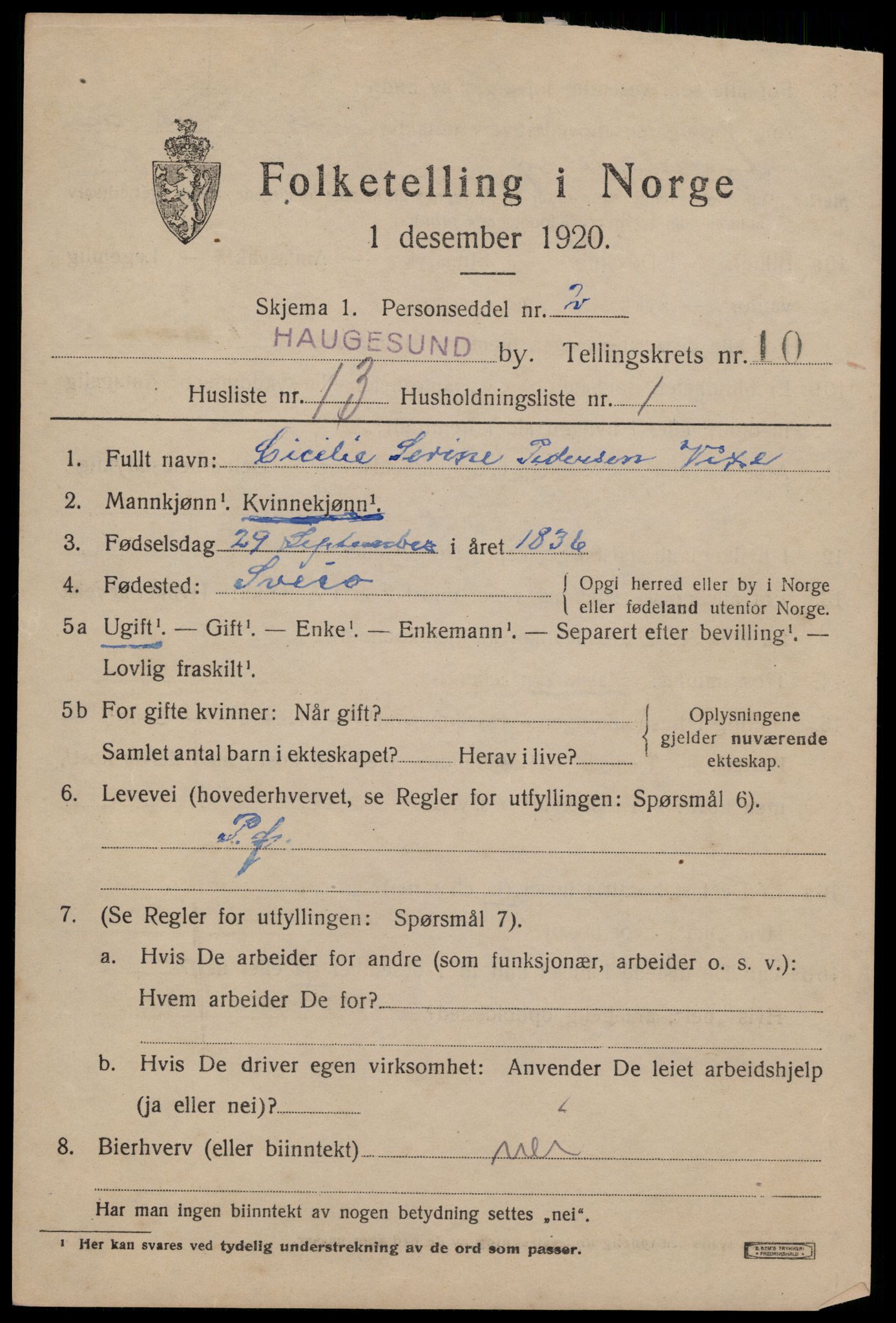 SAST, 1920 census for Haugesund, 1920, p. 33893