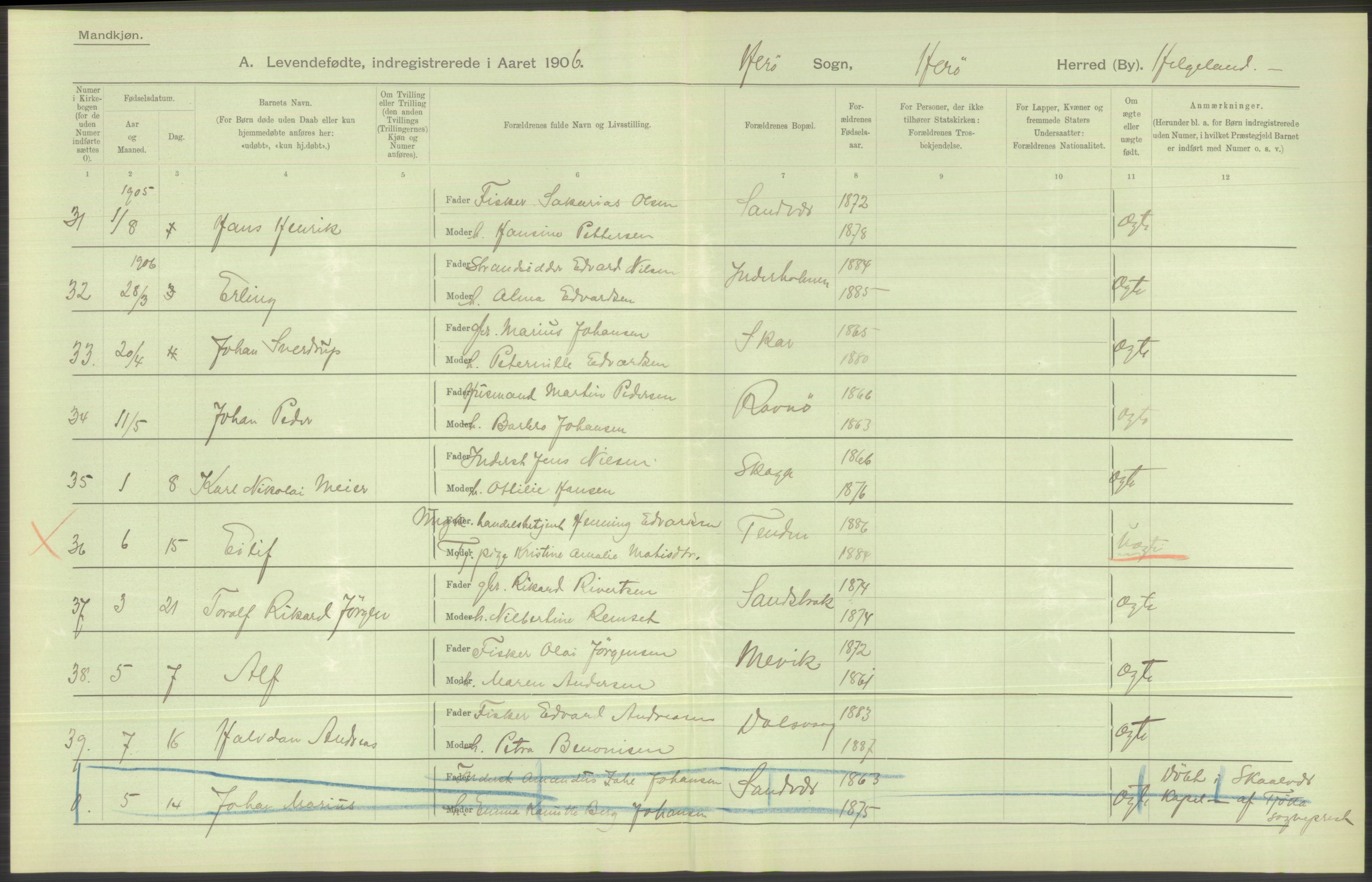 Statistisk sentralbyrå, Sosiodemografiske emner, Befolkning, AV/RA-S-2228/D/Df/Dfa/Dfad/L0043: Nordlands amt: Levendefødte menn og kvinner. Bygder., 1906, p. 98