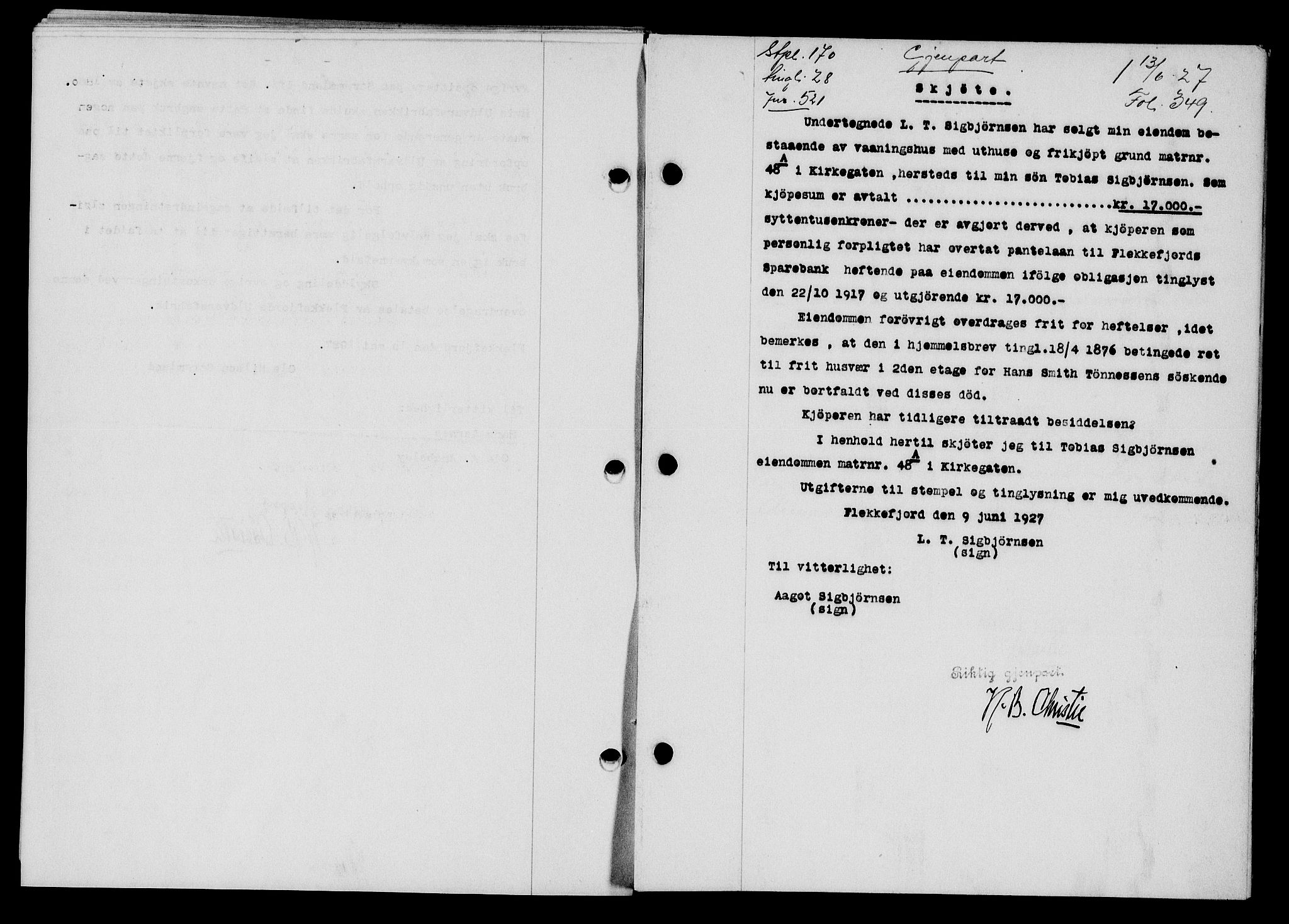 Flekkefjord sorenskriveri, SAK/1221-0001/G/Gb/Gba/L0043: Mortgage book no. 41, 1926-1927, Deed date: 13.06.1927