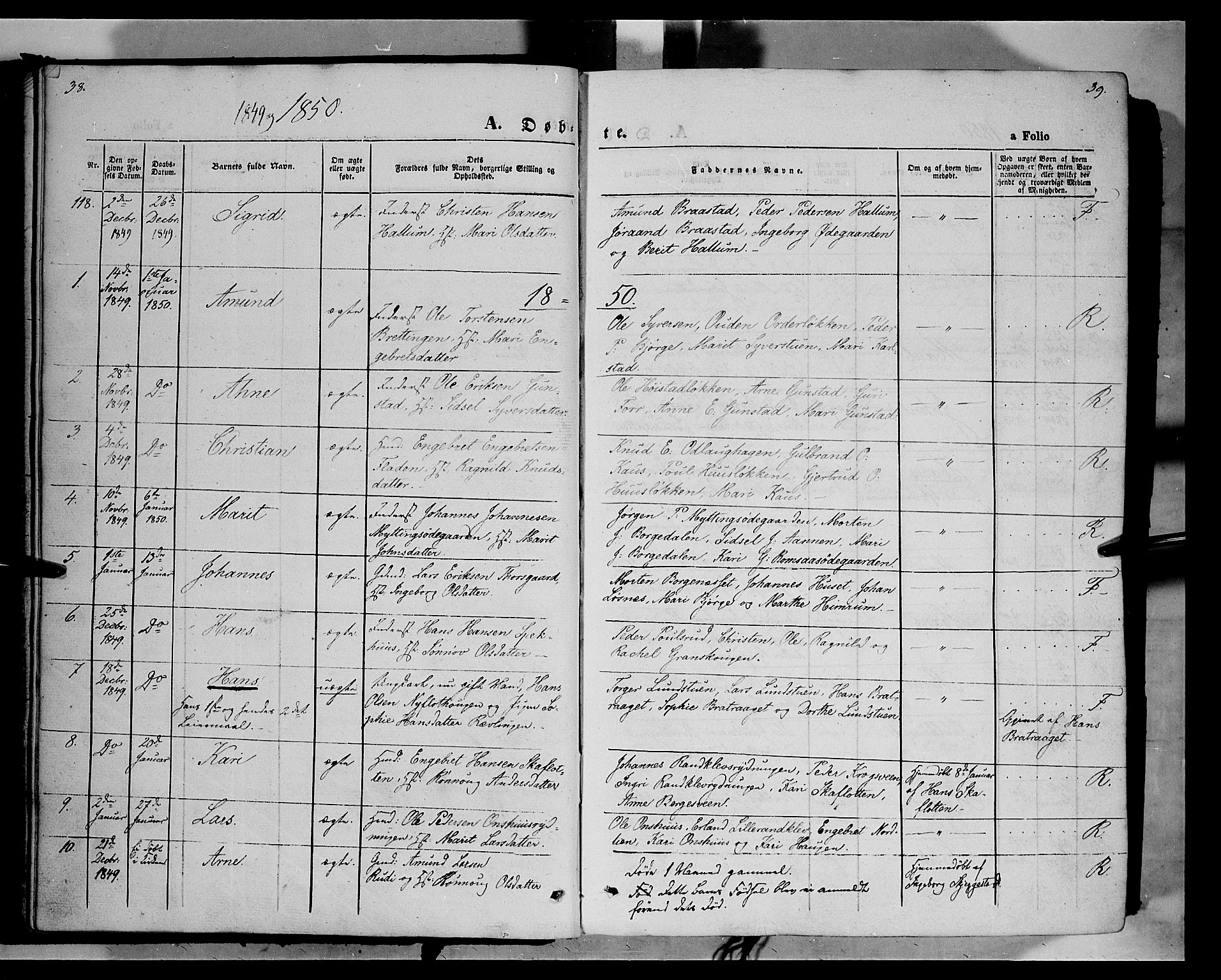 Ringebu prestekontor, SAH/PREST-082/H/Ha/Haa/L0006: Parish register (official) no. 6, 1848-1859, p. 38-39
