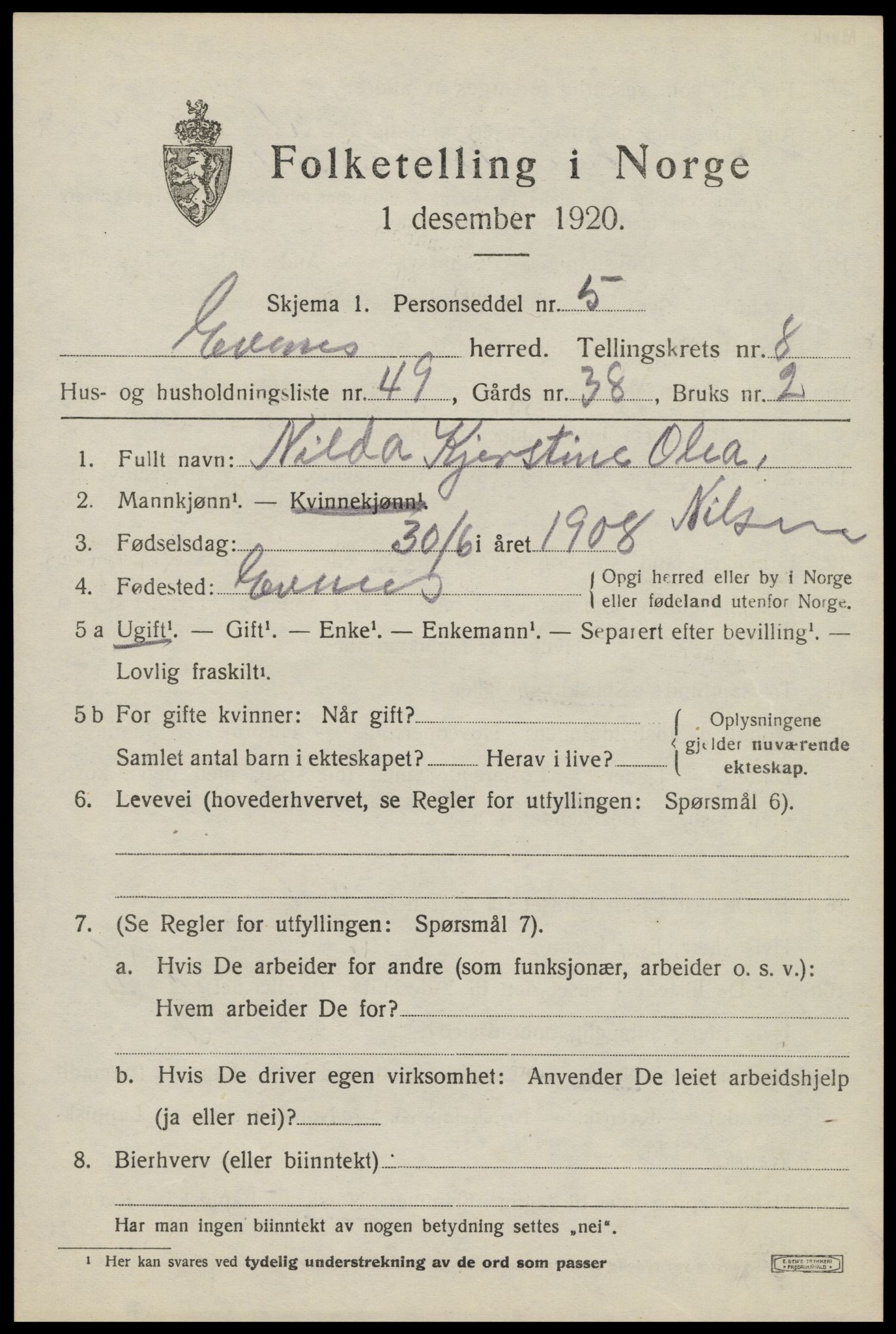 SAT, 1920 census for Evenes, 1920, p. 7030