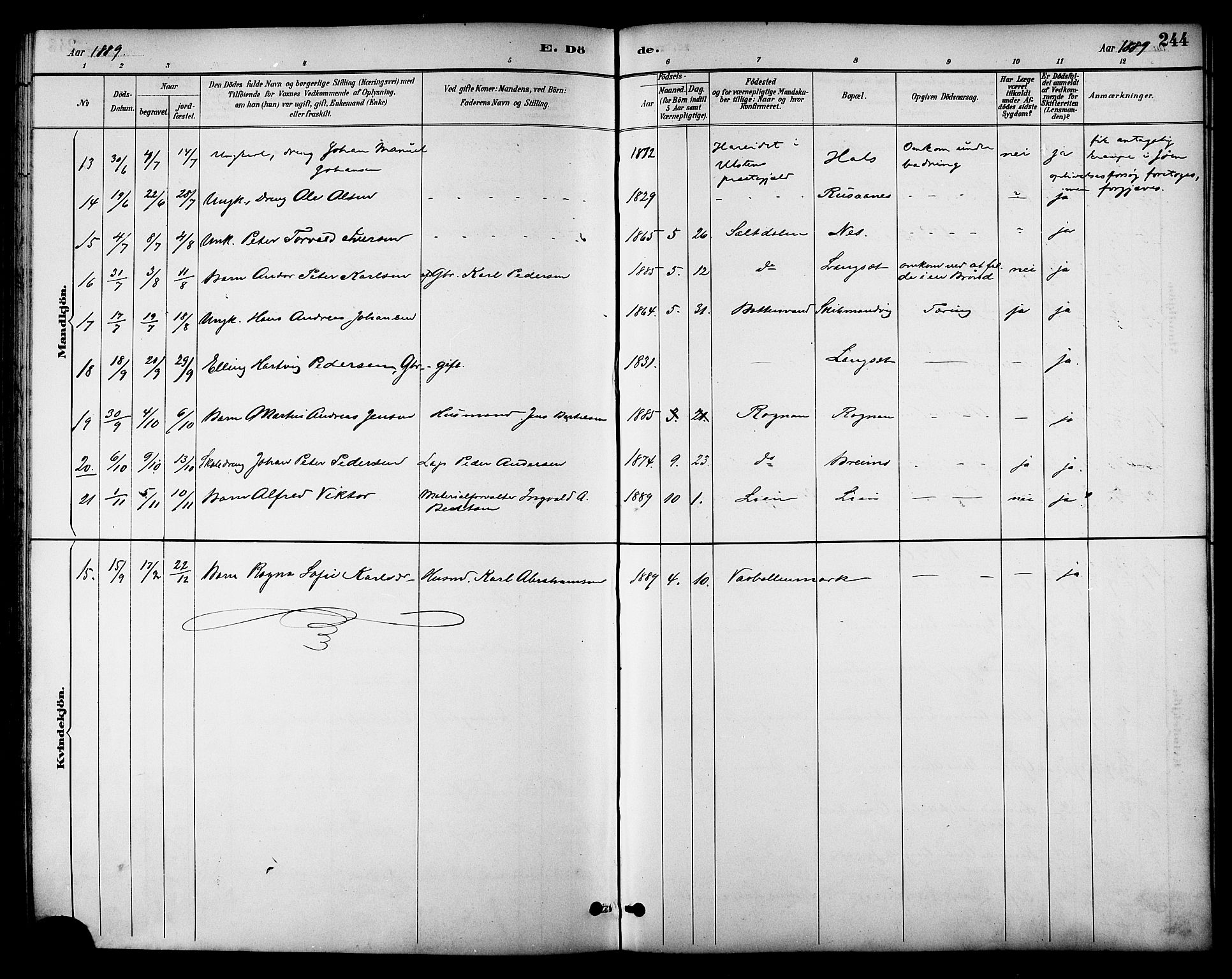 Ministerialprotokoller, klokkerbøker og fødselsregistre - Nordland, AV/SAT-A-1459/847/L0669: Parish register (official) no. 847A09, 1887-1901, p. 244