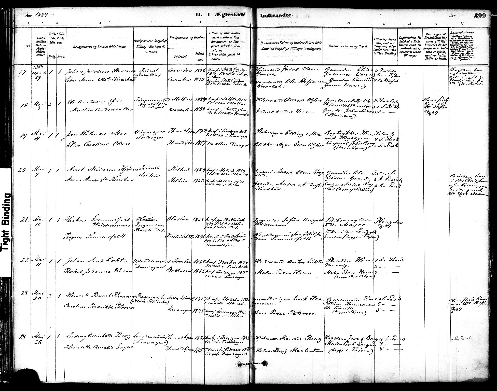 Ministerialprotokoller, klokkerbøker og fødselsregistre - Sør-Trøndelag, SAT/A-1456/601/L0058: Parish register (official) no. 601A26, 1877-1891, p. 399