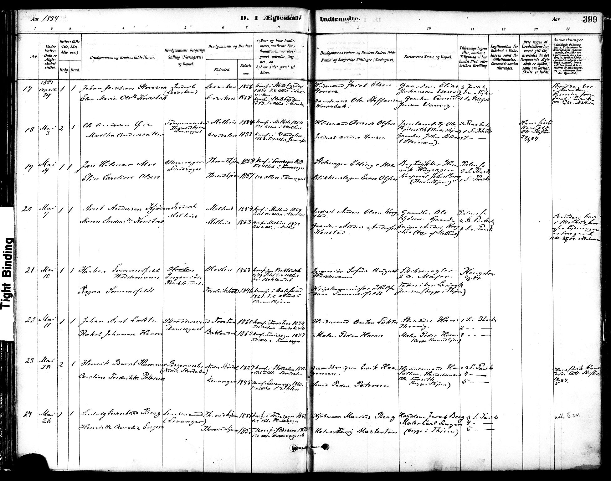 Ministerialprotokoller, klokkerbøker og fødselsregistre - Sør-Trøndelag, AV/SAT-A-1456/601/L0058: Parish register (official) no. 601A26, 1877-1891, p. 399