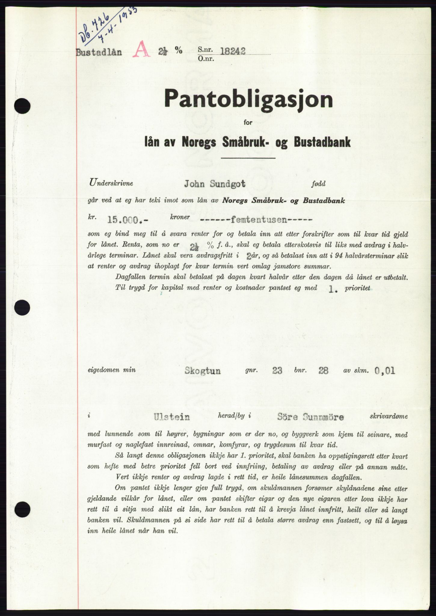 Søre Sunnmøre sorenskriveri, AV/SAT-A-4122/1/2/2C/L0123: Mortgage book no. 11B, 1953-1953, Diary no: : 726/1953