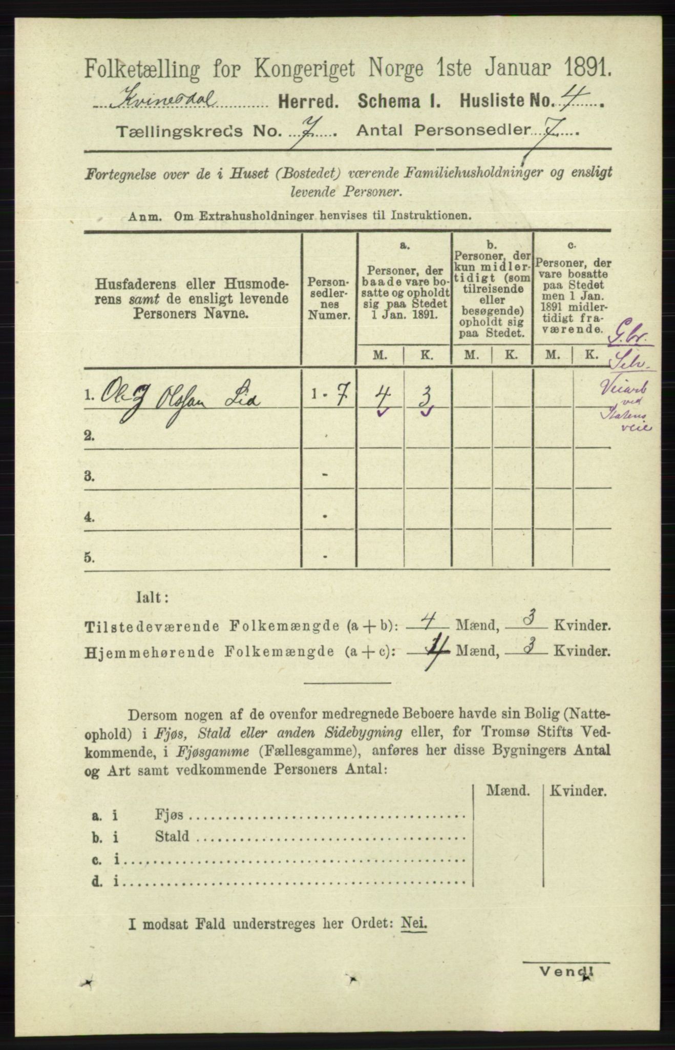 RA, 1891 census for 1037 Kvinesdal, 1891, p. 2379