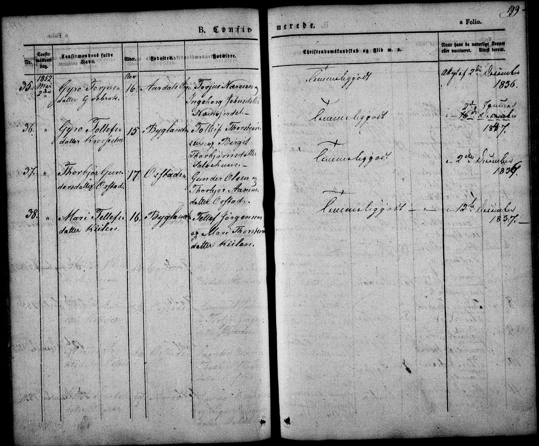 Bygland sokneprestkontor, AV/SAK-1111-0006/F/Fa/Fab/L0004: Parish register (official) no. A 4, 1842-1858, p. 199