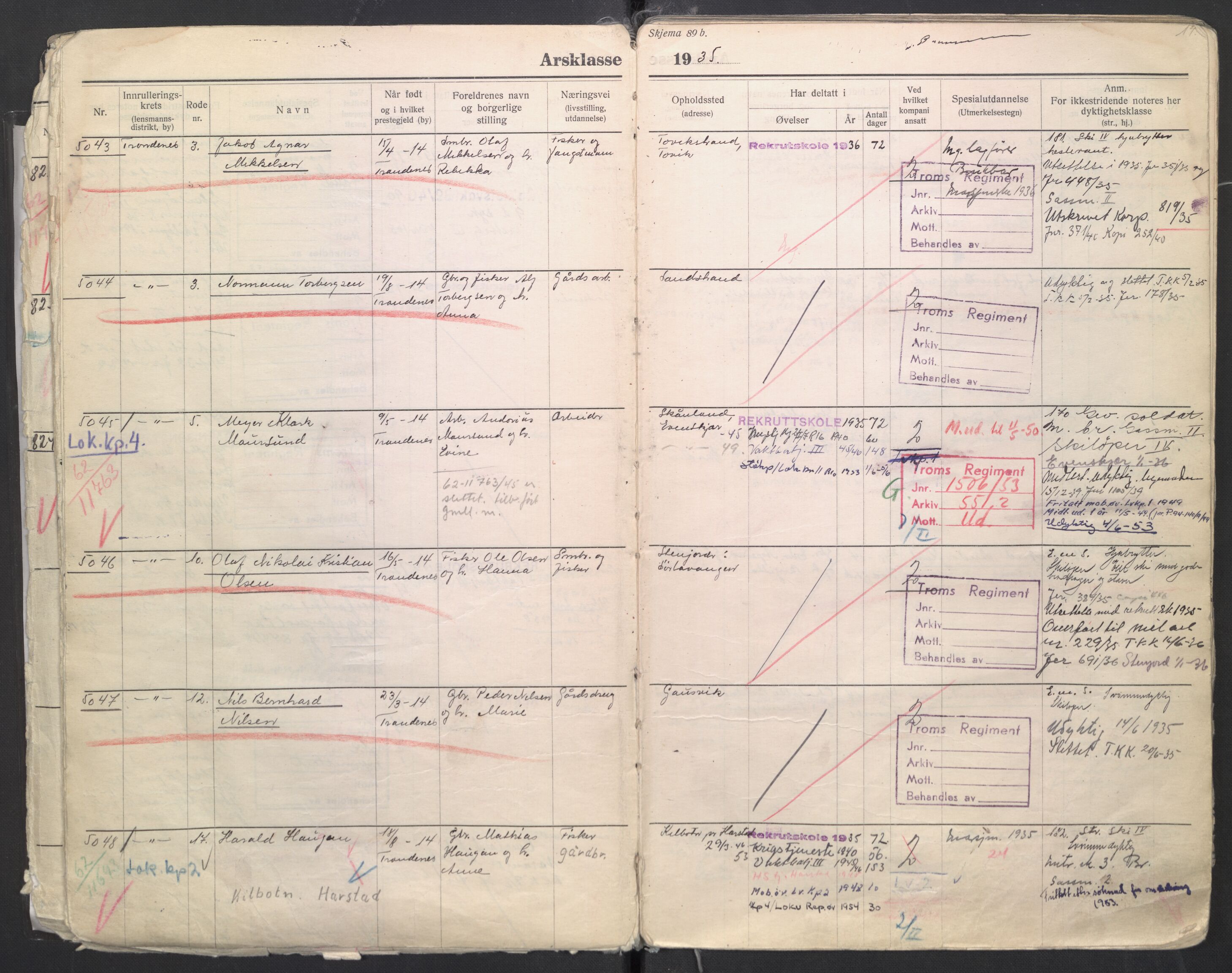 Forsvaret, Troms infanteriregiment nr. 16, AV/RA-RAFA-3146/P/Pa/L0006/0008: Ruller / Rulle for regimentets menige mannskaper, årsklasse 1935, 1935, p. 14