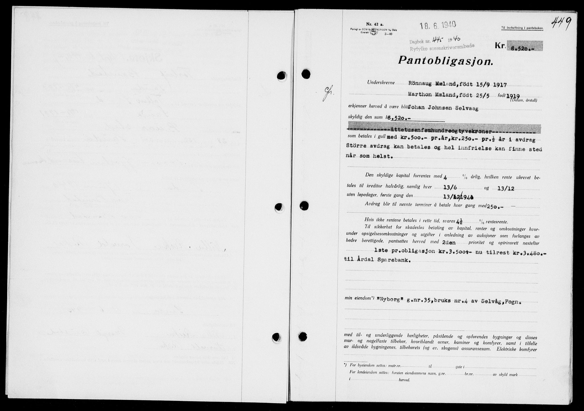 Ryfylke tingrett, SAST/A-100055/001/II/IIB/L0081: Mortgage book no. 60, 1939-1940, Diary no: : 445/1940