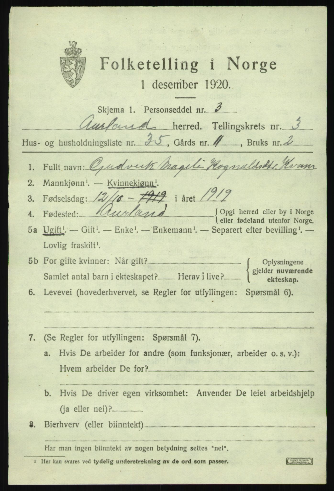 SAB, 1920 census for Aurland, 1920, p. 2614