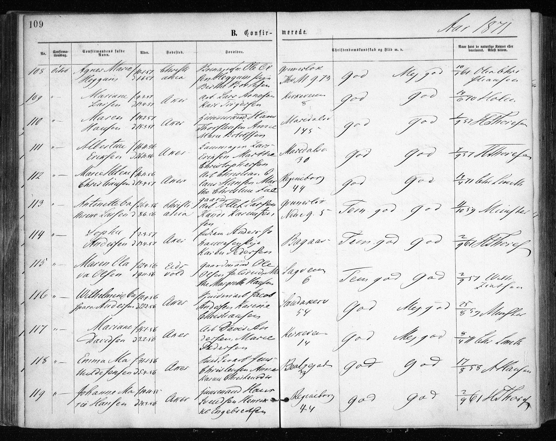 Gamle Aker prestekontor Kirkebøker, AV/SAO-A-10617a/F/L0003: Parish register (official) no. 3, 1865-1873, p. 109