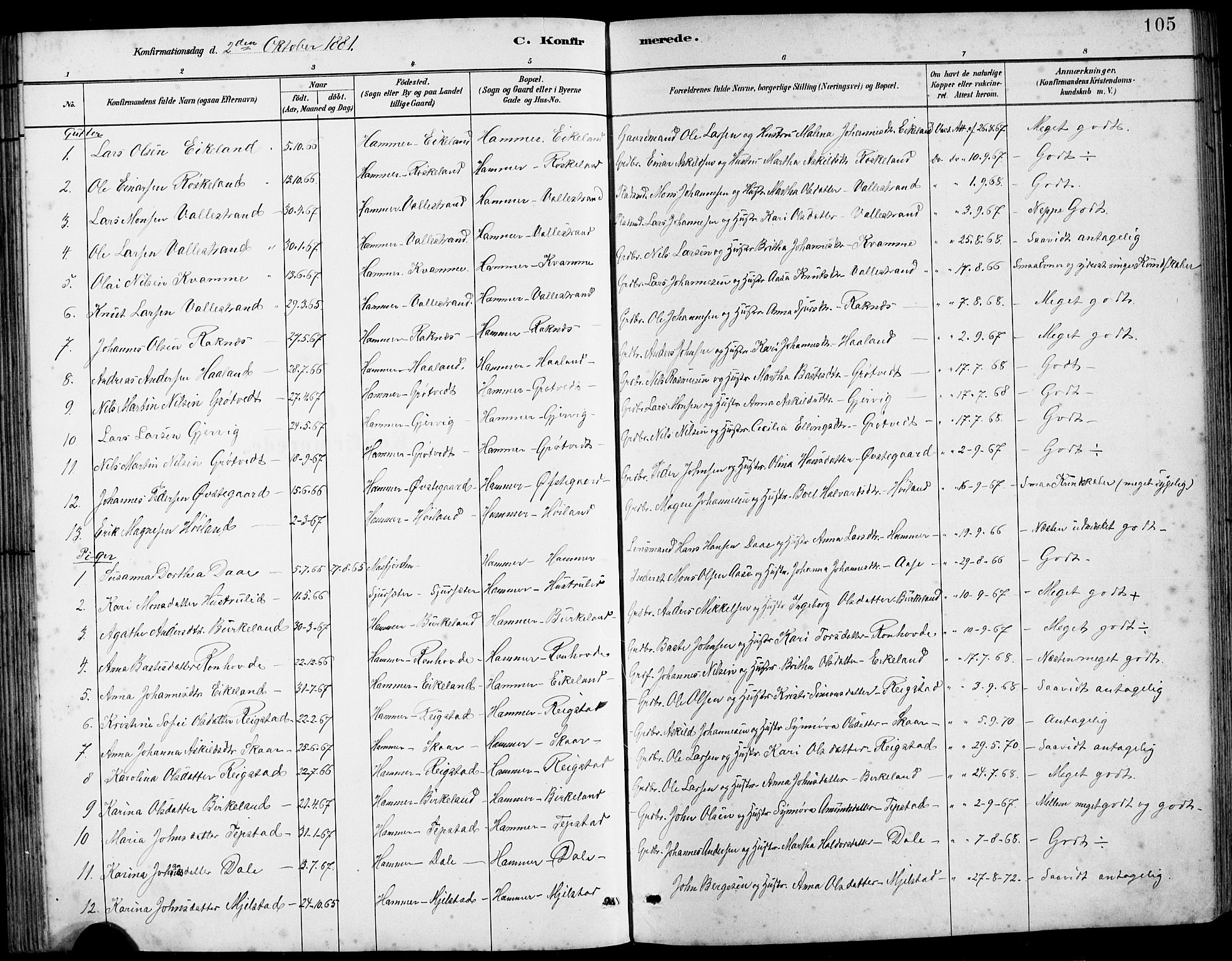 Hamre sokneprestembete, SAB/A-75501/H/Ha/Hab: Parish register (copy) no. B 3, 1881-1898, p. 105