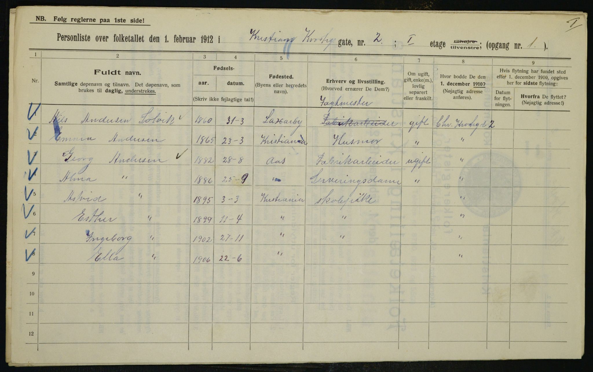 OBA, Municipal Census 1912 for Kristiania, 1912, p. 11652