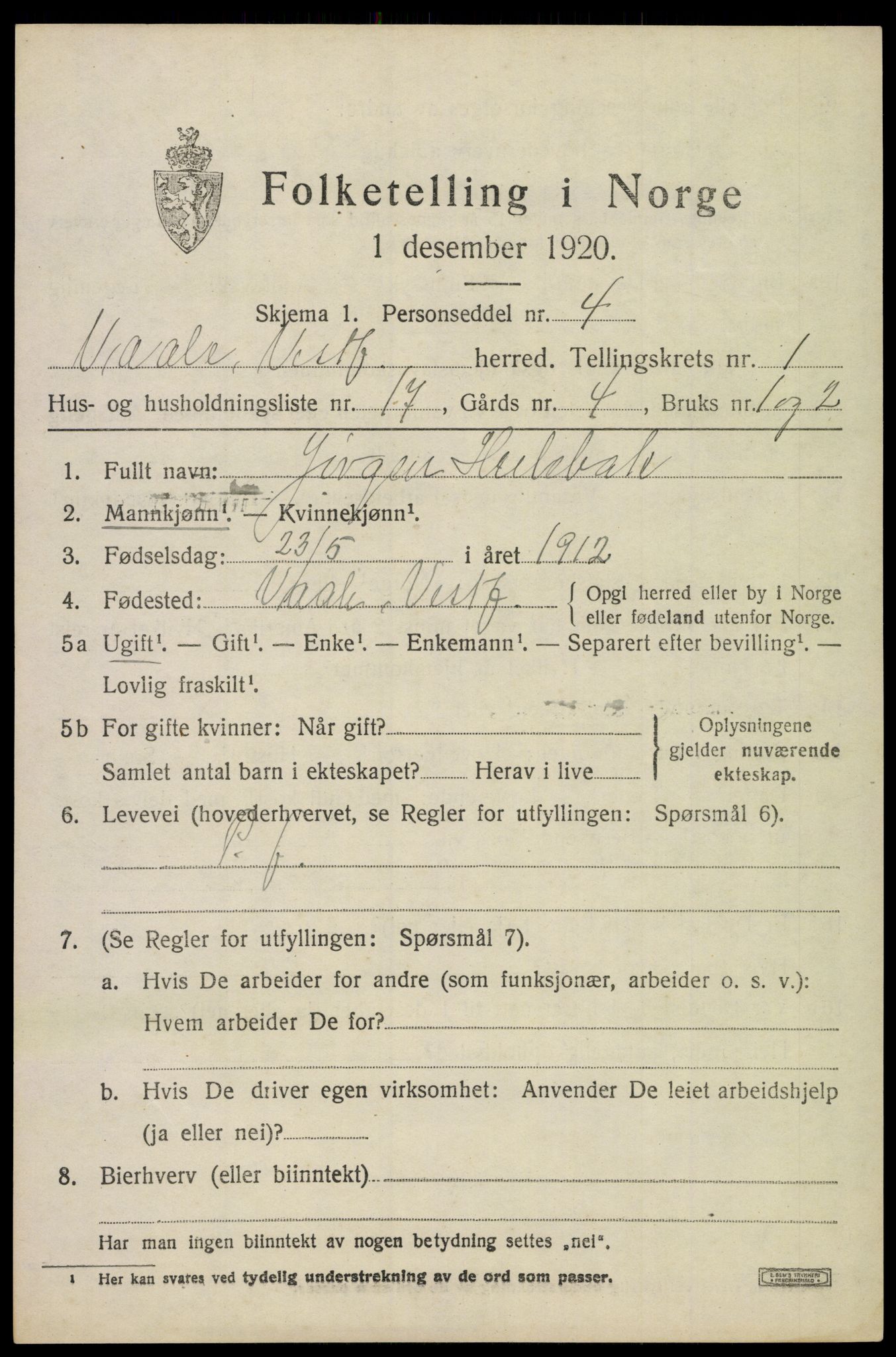 SAKO, 1920 census for Våle, 1920, p. 1270