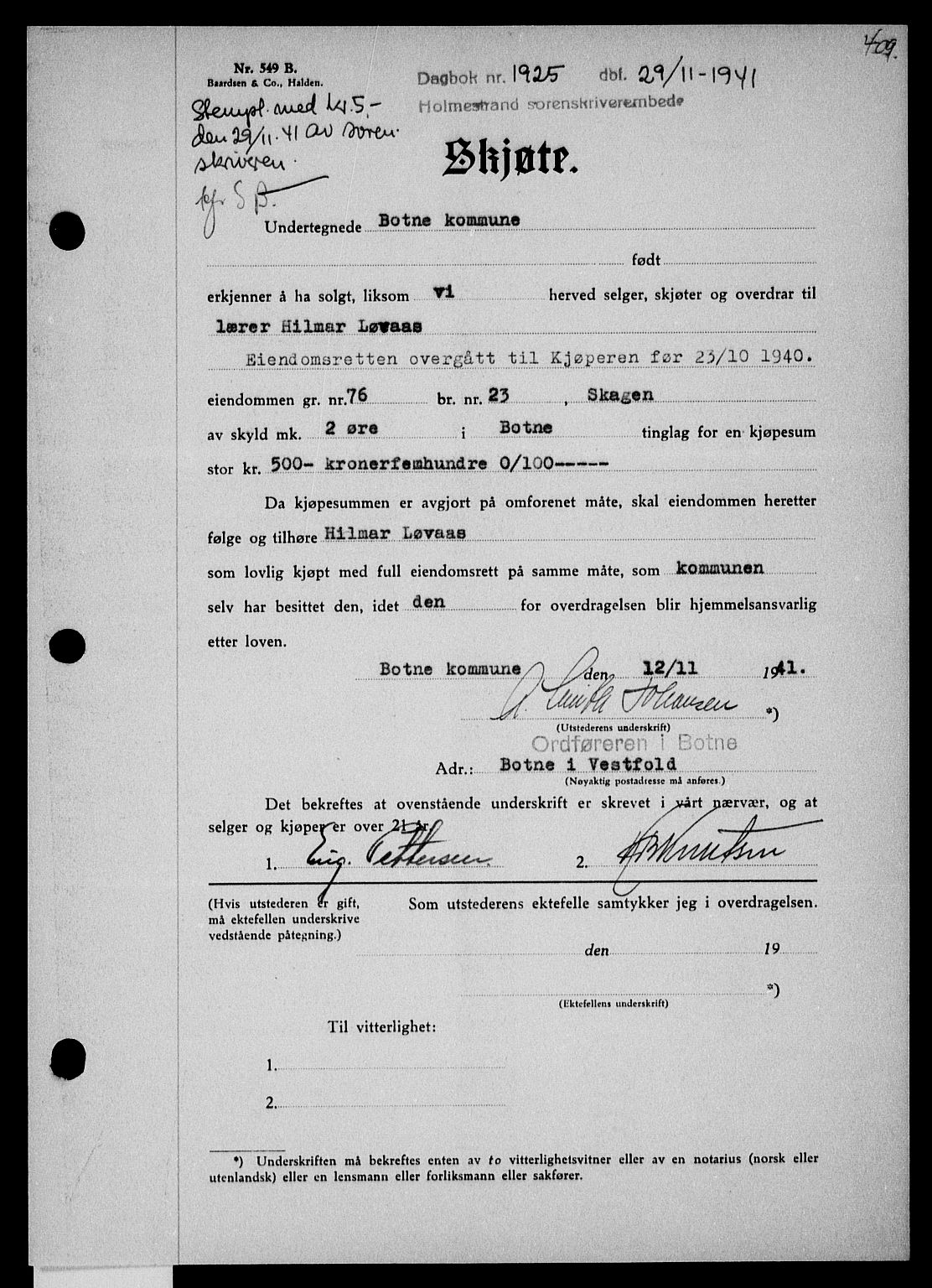 Holmestrand sorenskriveri, SAKO/A-67/G/Ga/Gaa/L0054: Mortgage book no. A-54, 1941-1942, Diary no: : 1925/1941