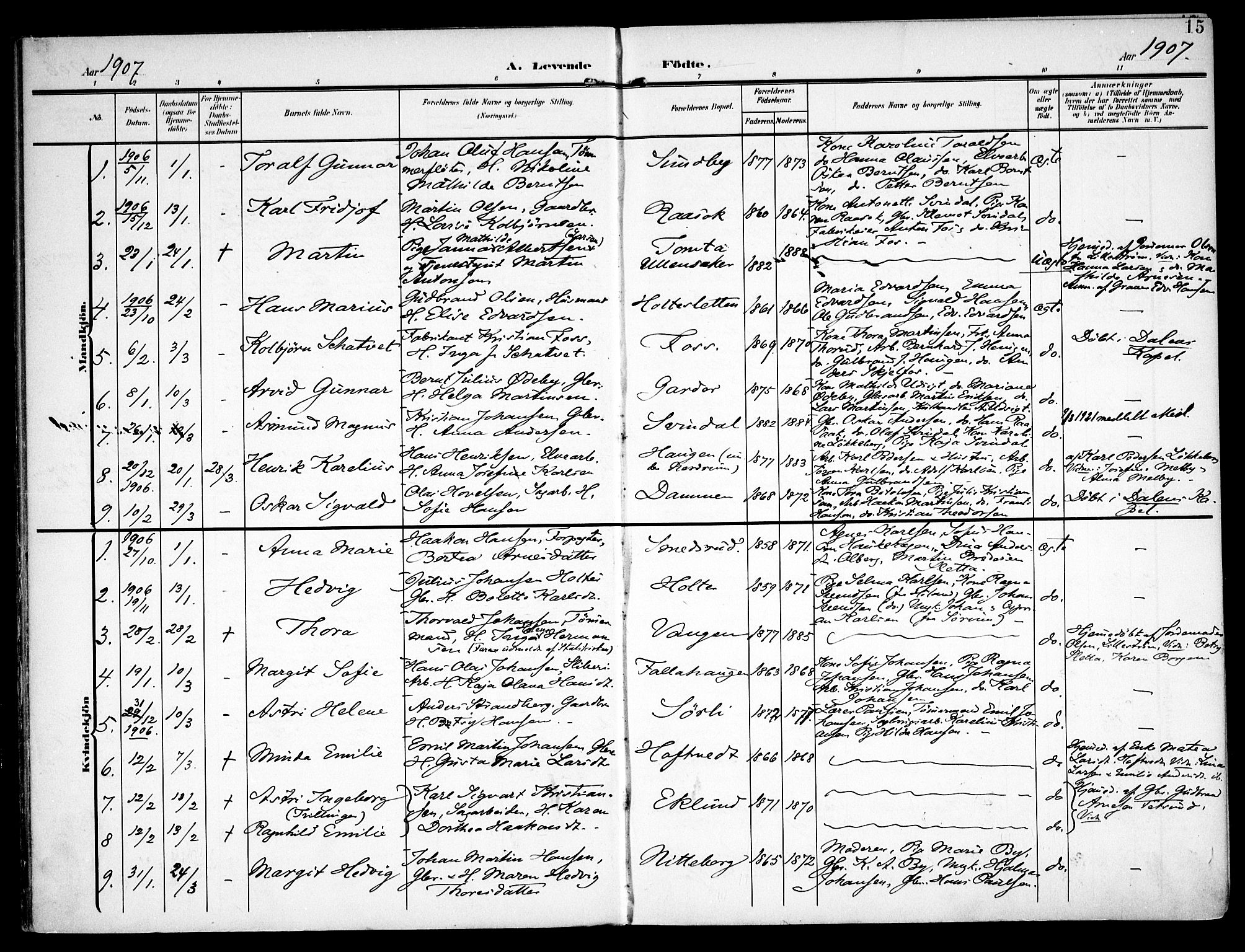 Fet prestekontor Kirkebøker, SAO/A-10370a/F/Fa/L0016: Parish register (official) no. I 16, 1905-1914, p. 15