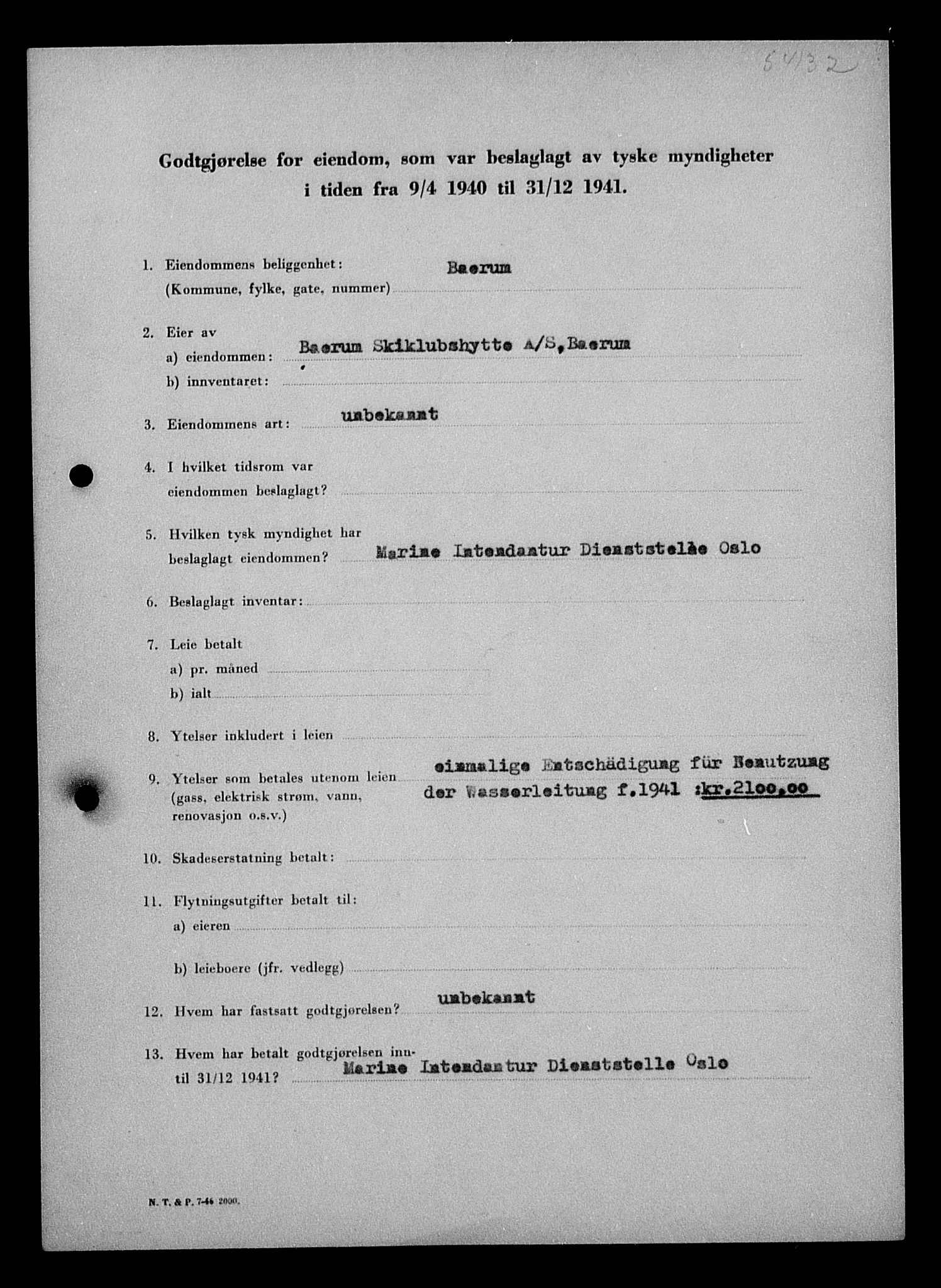 Justisdepartementet, Tilbakeføringskontoret for inndratte formuer, AV/RA-S-1564/I/L1010: Godtgjørelse for beslaglagt eiendom, 1940-1941, p. 152