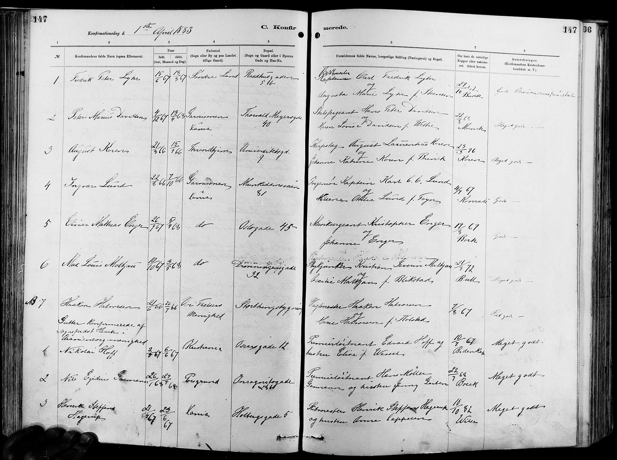Garnisonsmenigheten Kirkebøker, SAO/A-10846/F/Fa/L0012: Parish register (official) no. 12, 1880-1893, p. 147