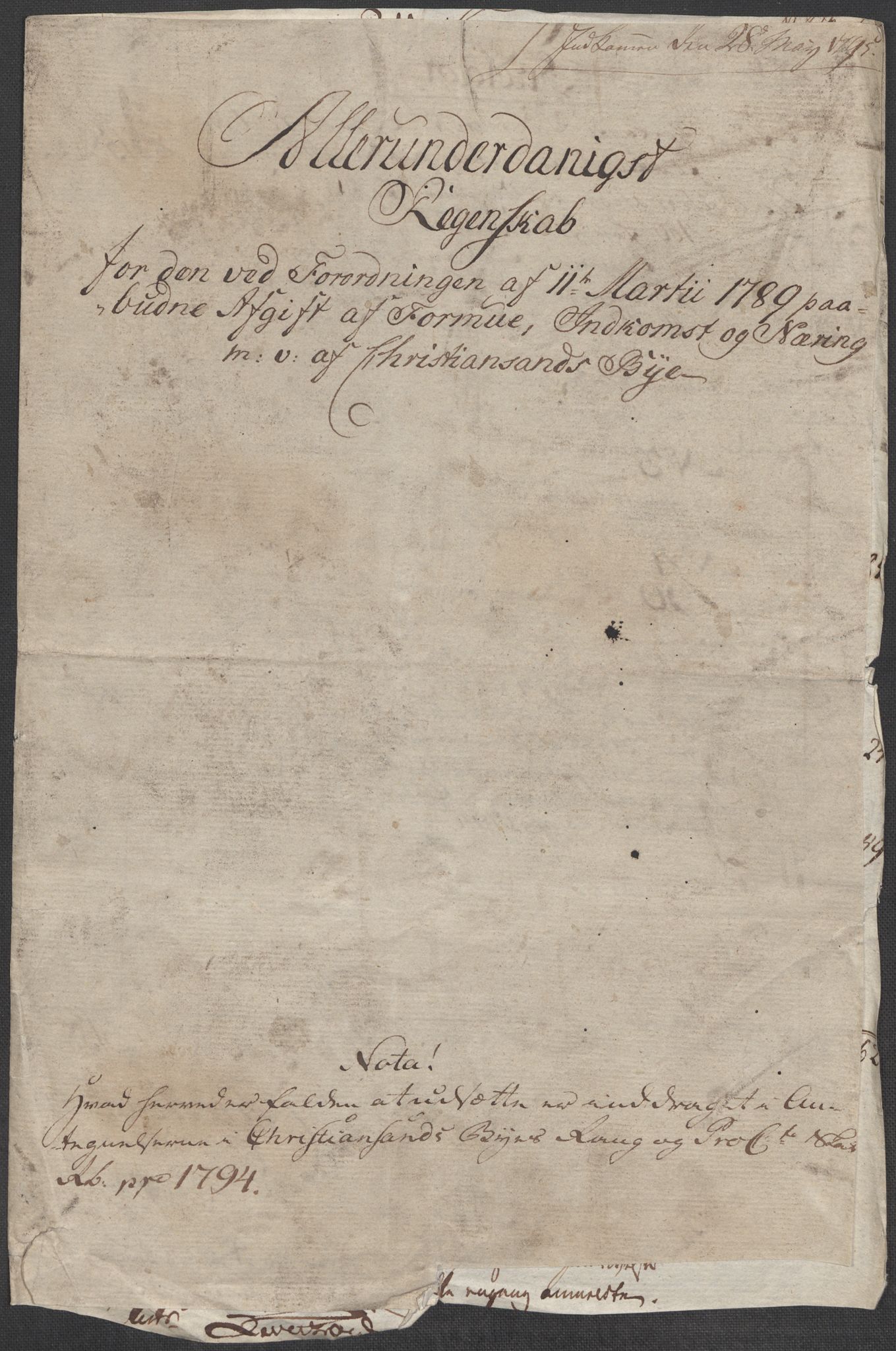 Rentekammeret inntil 1814, Reviderte regnskaper, Mindre regnskaper, AV/RA-EA-4068/Rf/Rfe/L0007: Christiania. Kristiansand, 1789, p. 298