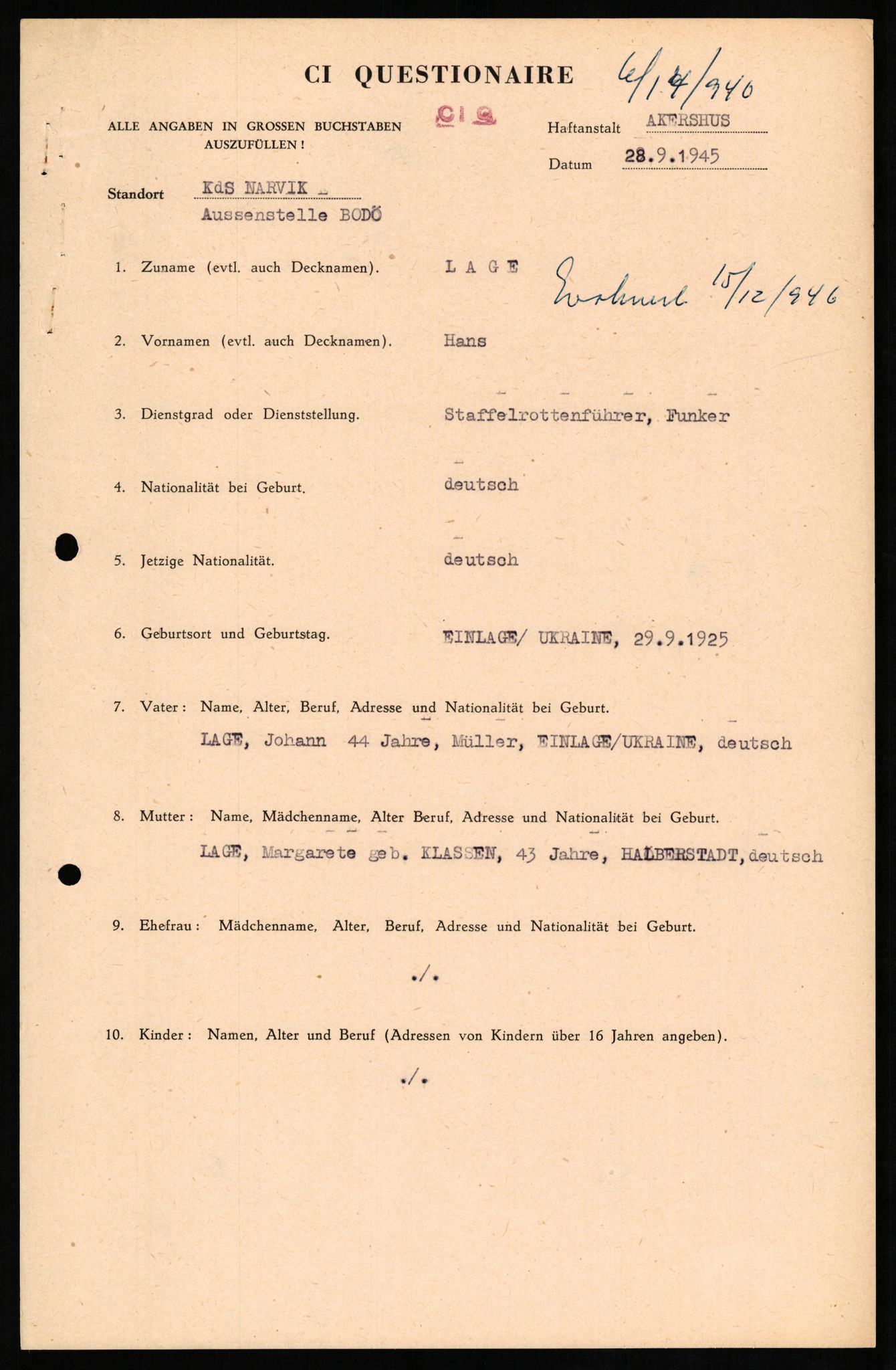Forsvaret, Forsvarets overkommando II, AV/RA-RAFA-3915/D/Db/L0019: CI Questionaires. Tyske okkupasjonsstyrker i Norge. Tyskere., 1945-1946, p. 331