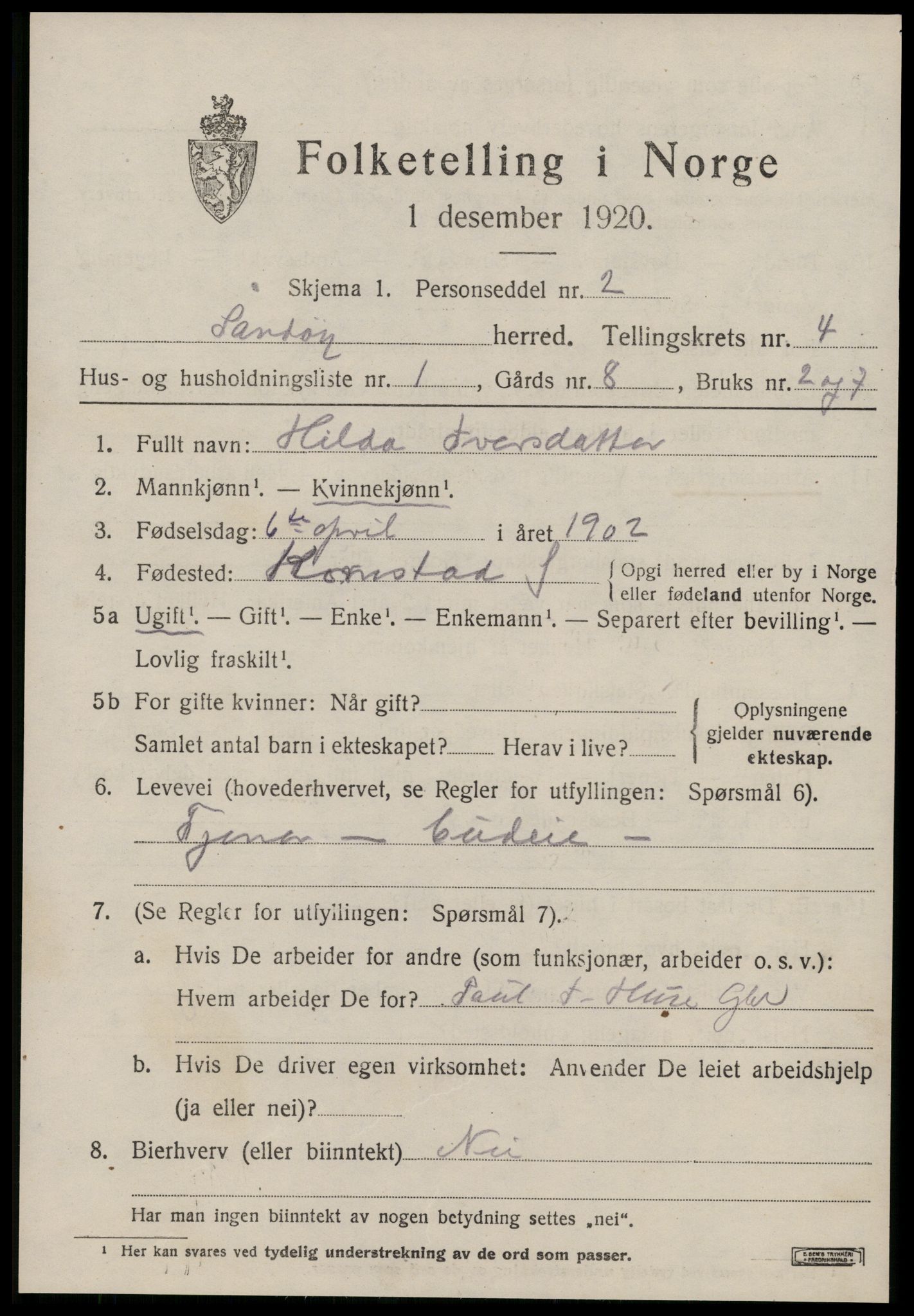 SAT, 1920 census for Sandøy, 1920, p. 1182