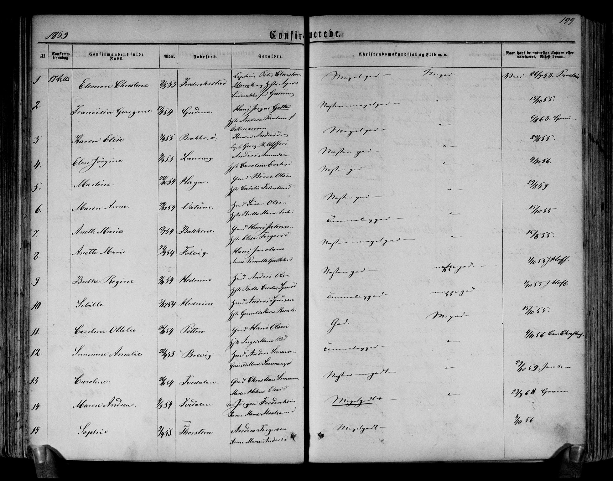 Brunlanes kirkebøker, AV/SAKO-A-342/F/Fa/L0005: Parish register (official) no. I 5, 1862-1877, p. 199