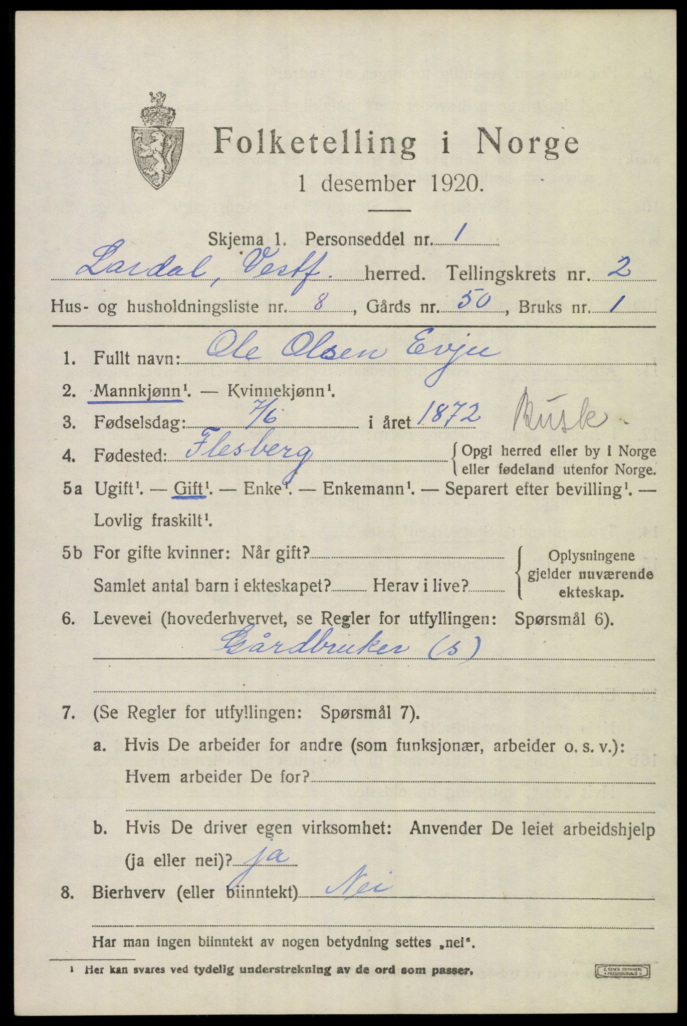 SAKO, 1920 census for Lardal, 1920, p. 2035