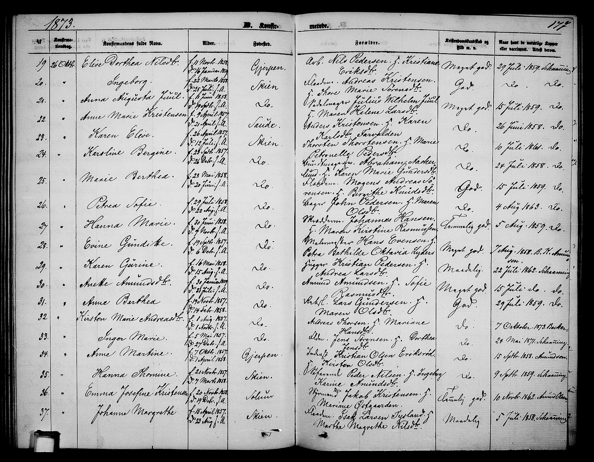 Skien kirkebøker, SAKO/A-302/G/Ga/L0005: Parish register (copy) no. 5, 1868-1880, p. 177