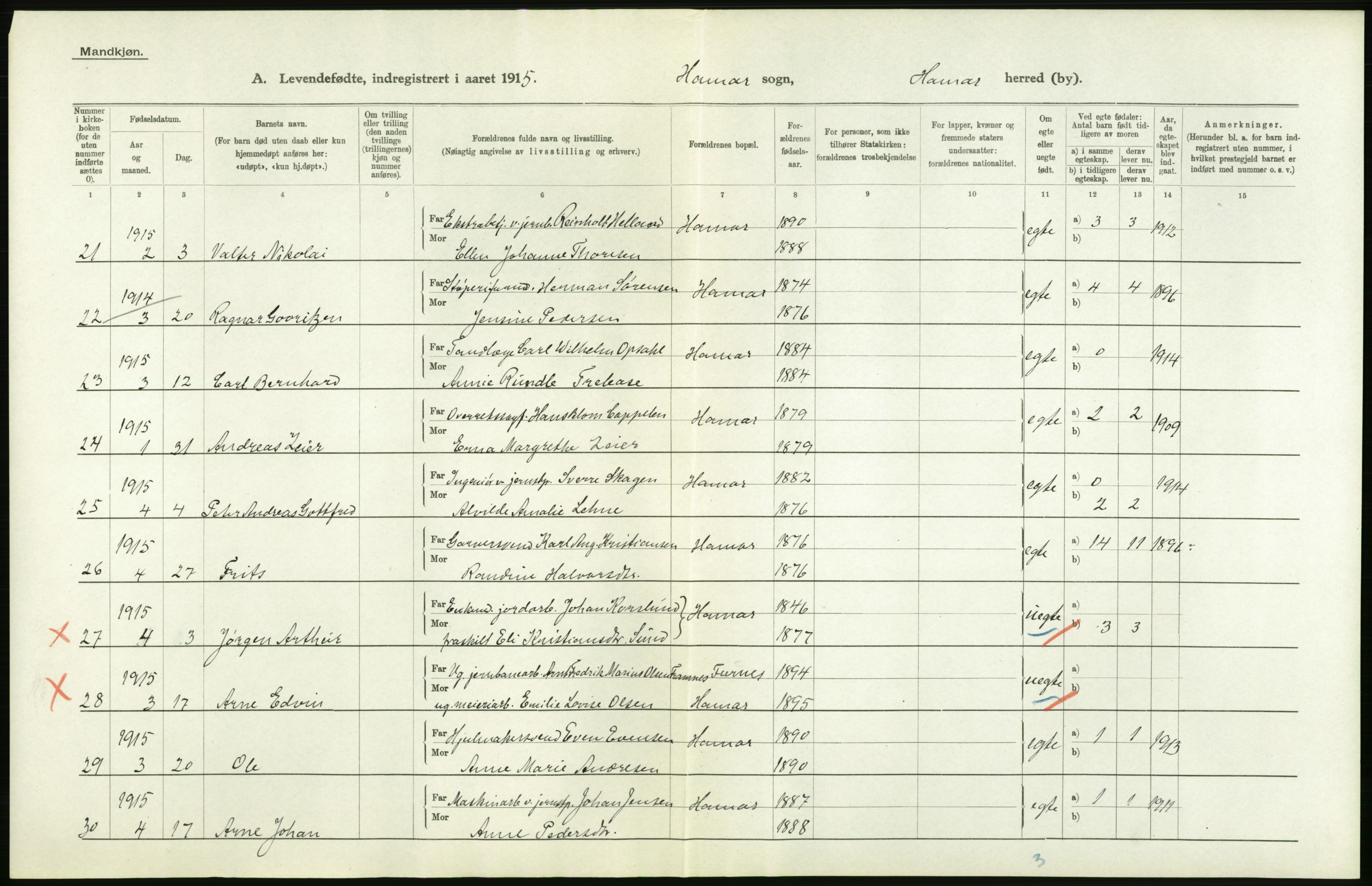 Statistisk sentralbyrå, Sosiodemografiske emner, Befolkning, AV/RA-S-2228/D/Df/Dfb/Dfbe/L0011: Hedemarkens amt: Levendefødte menn og kvinner. Bygder og byer., 1915, p. 822