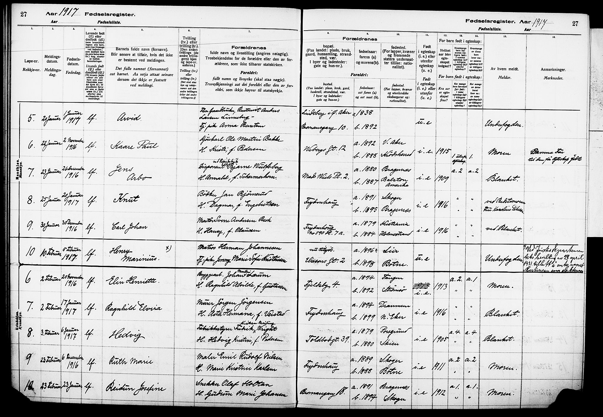 Strømsø kirkebøker, AV/SAKO-A-246/J/Ja/L0001: Birth register no. I 1, 1916-1925, p. 27