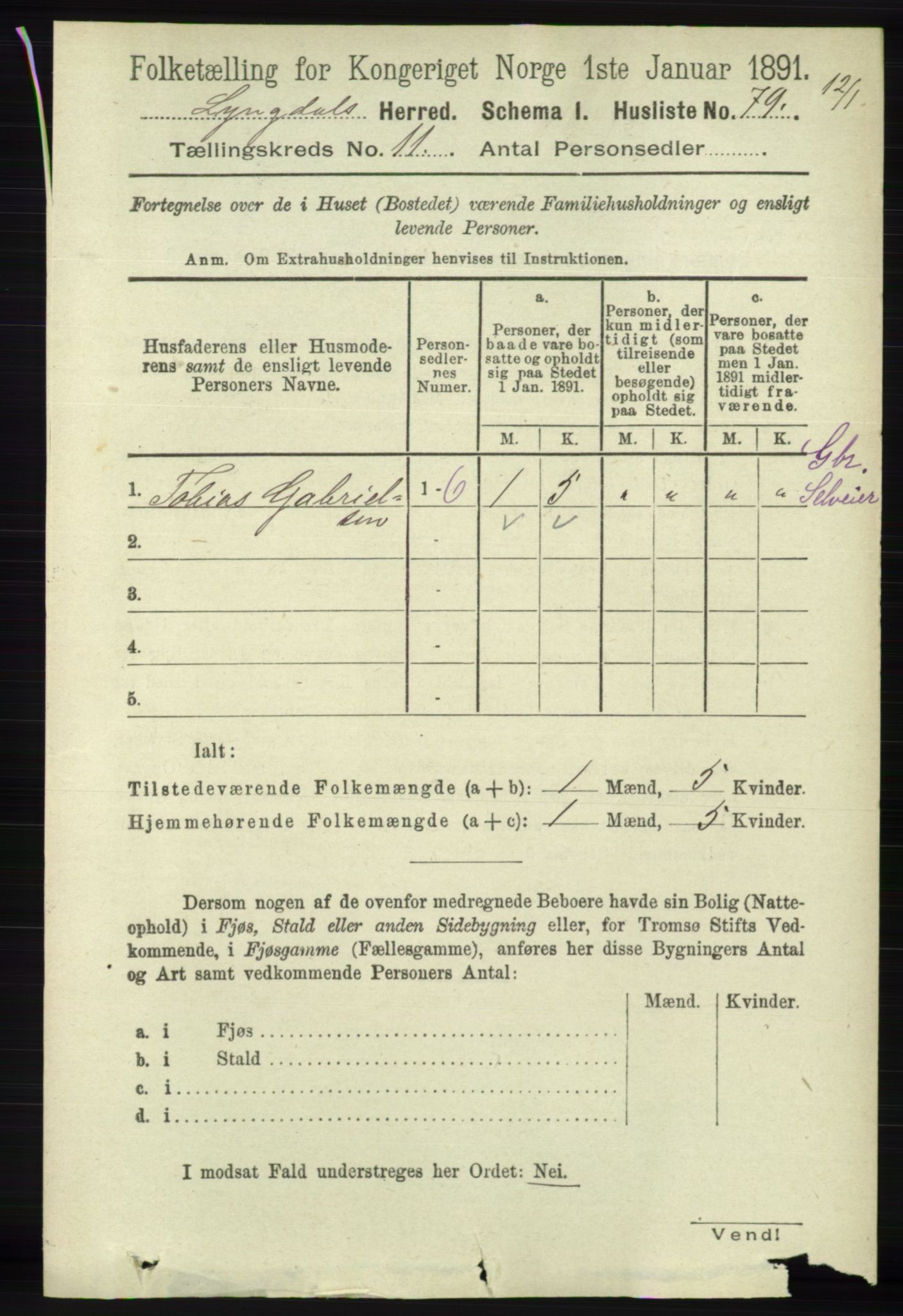 RA, 1891 census for 1032 Lyngdal, 1891, p. 4814