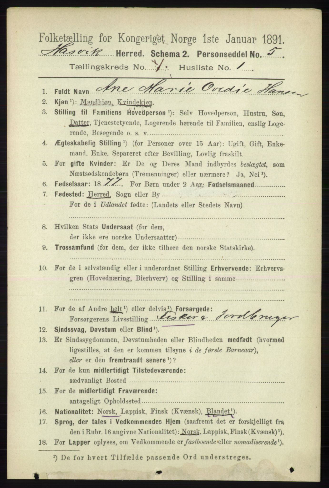 RA, 1891 census for 2015 Hasvik, 1891, p. 493