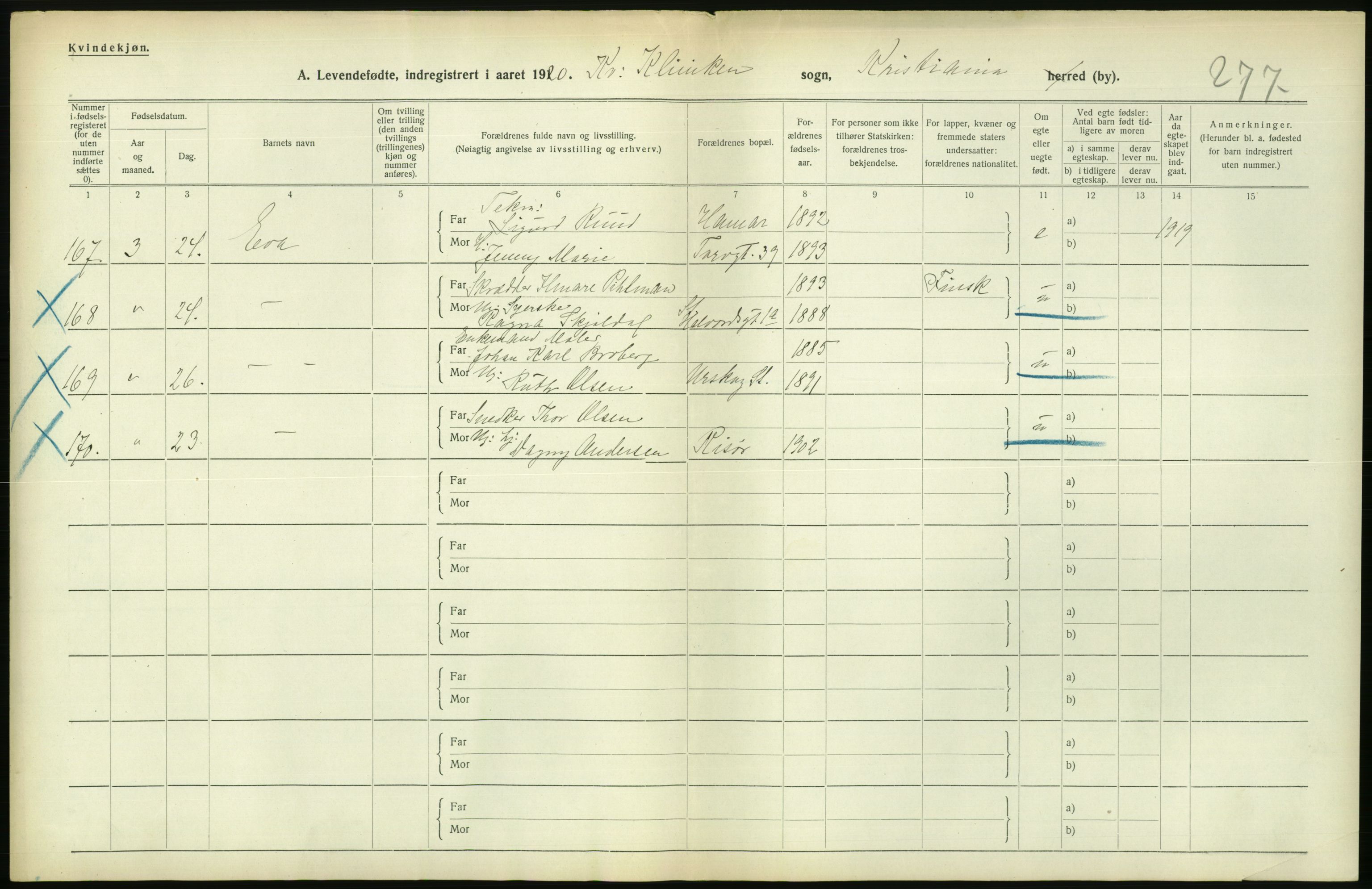 Statistisk sentralbyrå, Sosiodemografiske emner, Befolkning, AV/RA-S-2228/D/Df/Dfb/Dfbj/L0008: Kristiania: Levendefødte menn og kvinner., 1920, p. 562