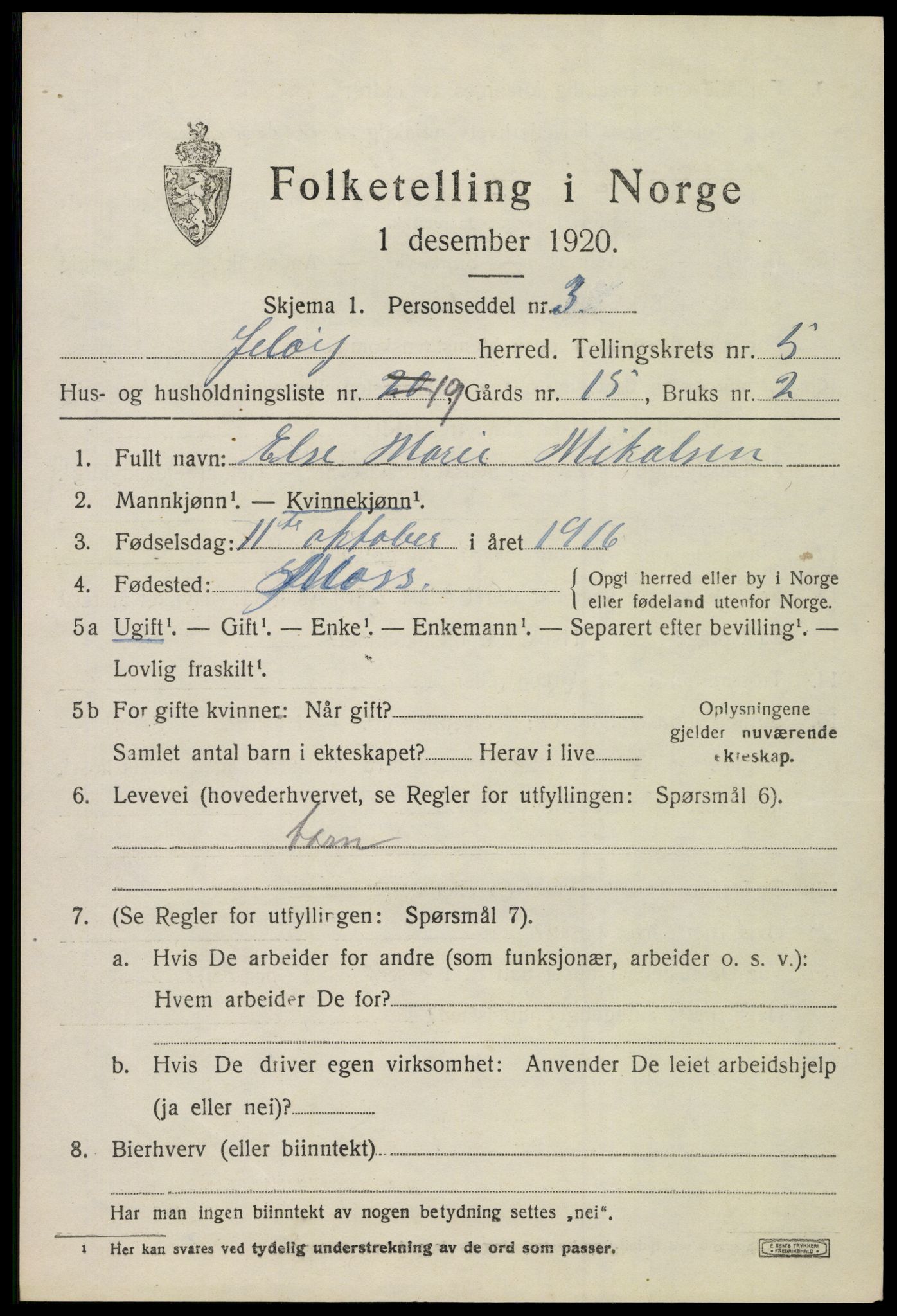 SAO, 1920 census for Moss land district, 1920, p. 6443