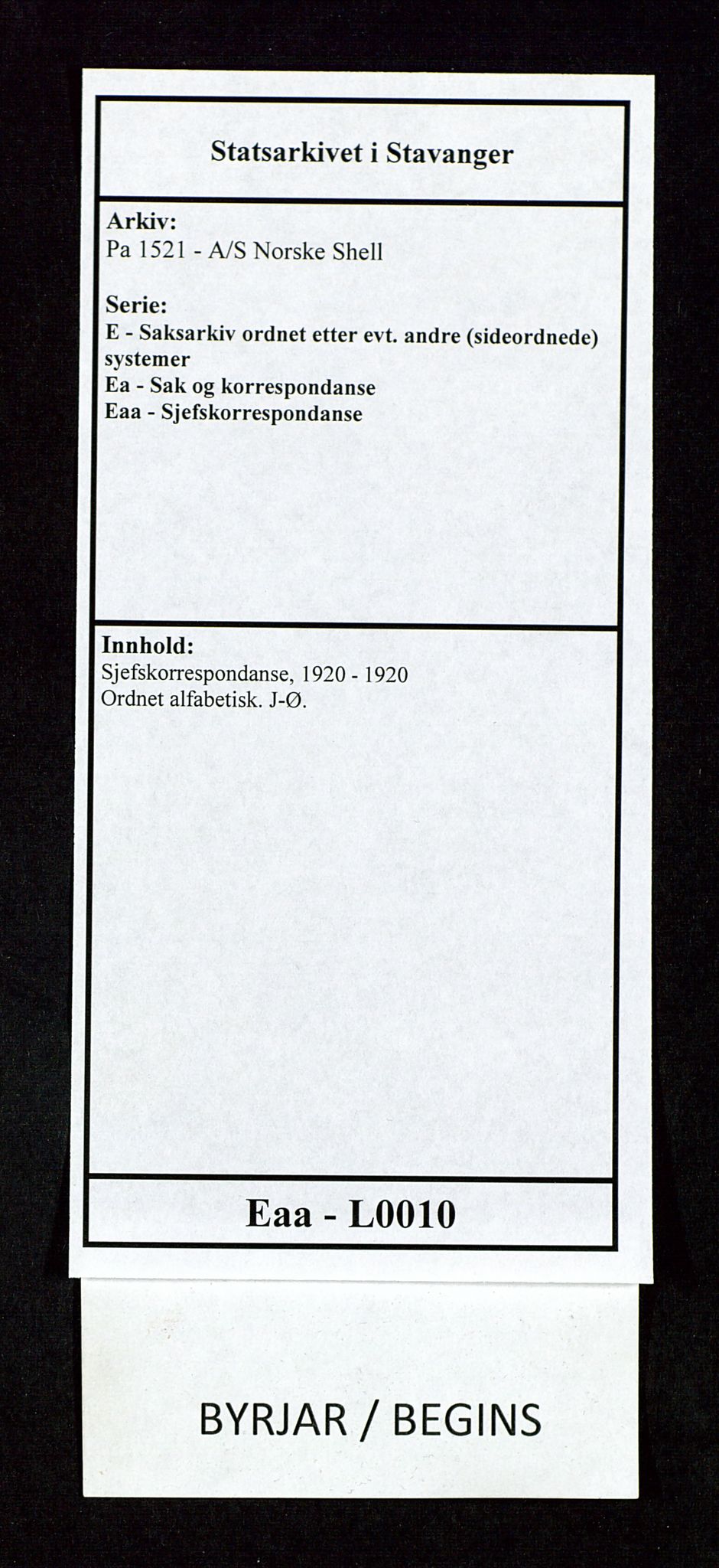 Pa 1521 - A/S Norske Shell, AV/SAST-A-101915/E/Ea/Eaa/L0010: Sjefskorrespondanse, 1920, p. 1