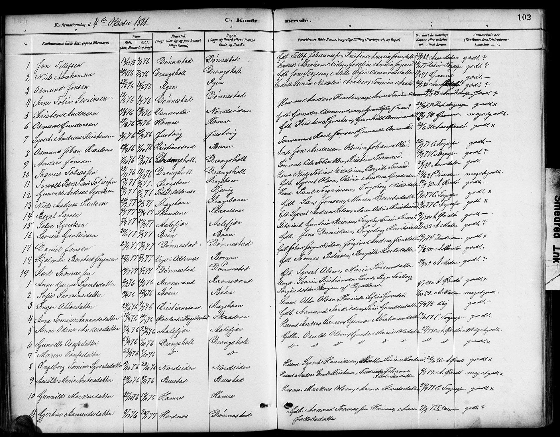 Tveit sokneprestkontor, SAK/1111-0043/F/Fb/L0004: Parish register (copy) no. B 4, 1887-1914, p. 102